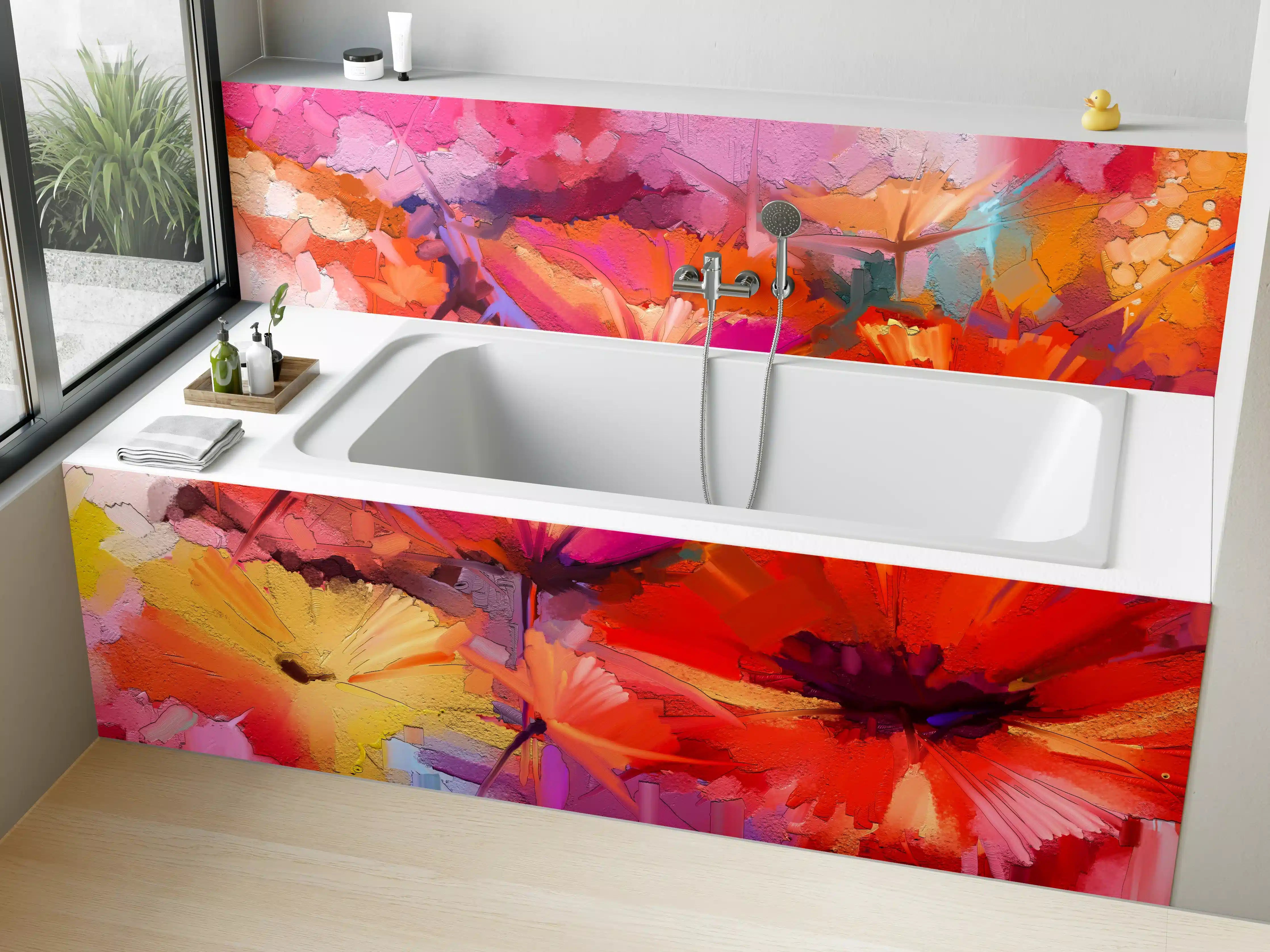 Badewannen-Rückwand - Farbenfrohes Gemälde von Frühlingsblumen