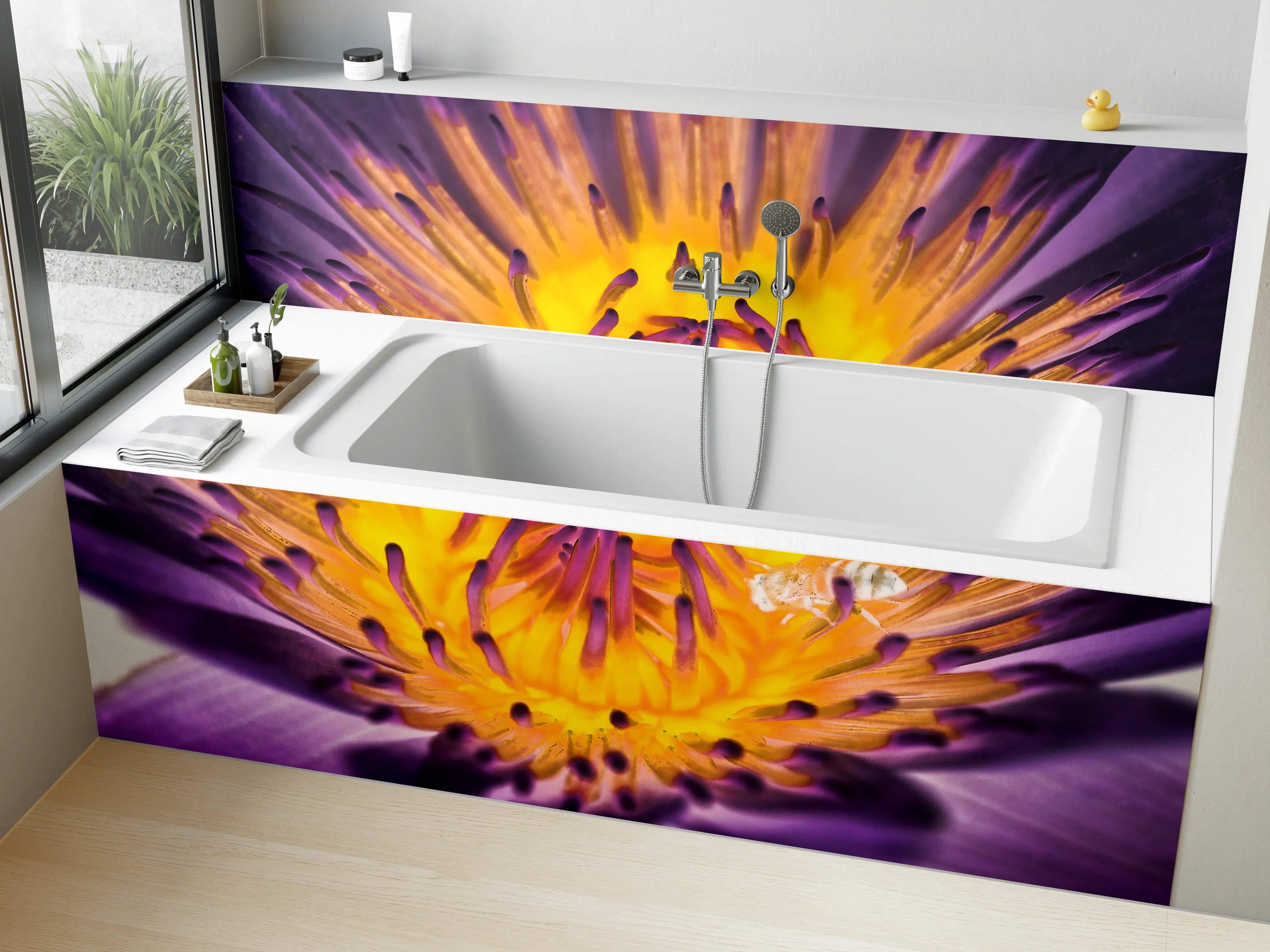 Badewannen-Rückwand - Farbenprächtige Wasserlilie Lila-Gelb
