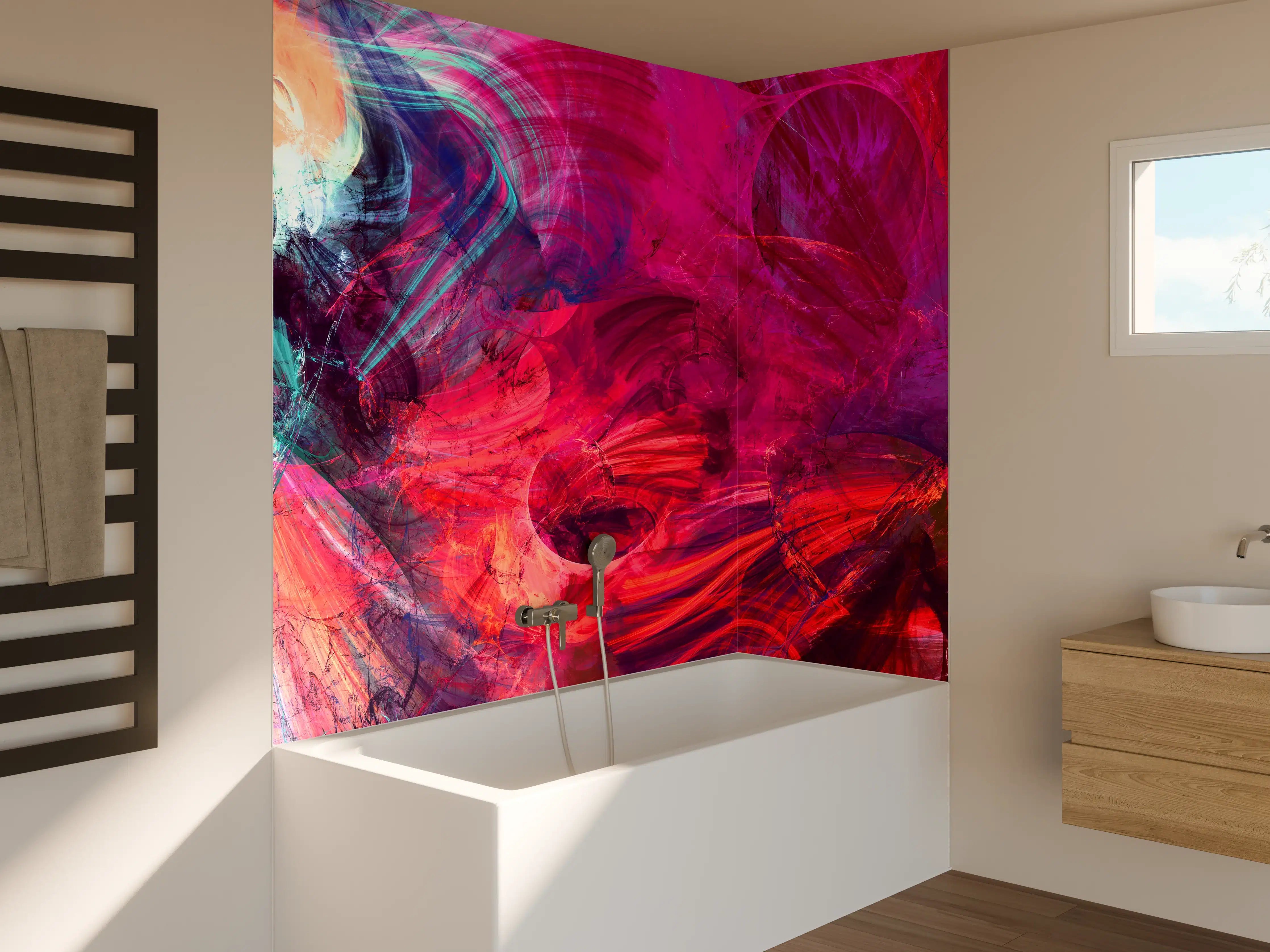 Badewannen-Rückwand - Farbintensives abstraktes Kunstwerk in Pink und Blau