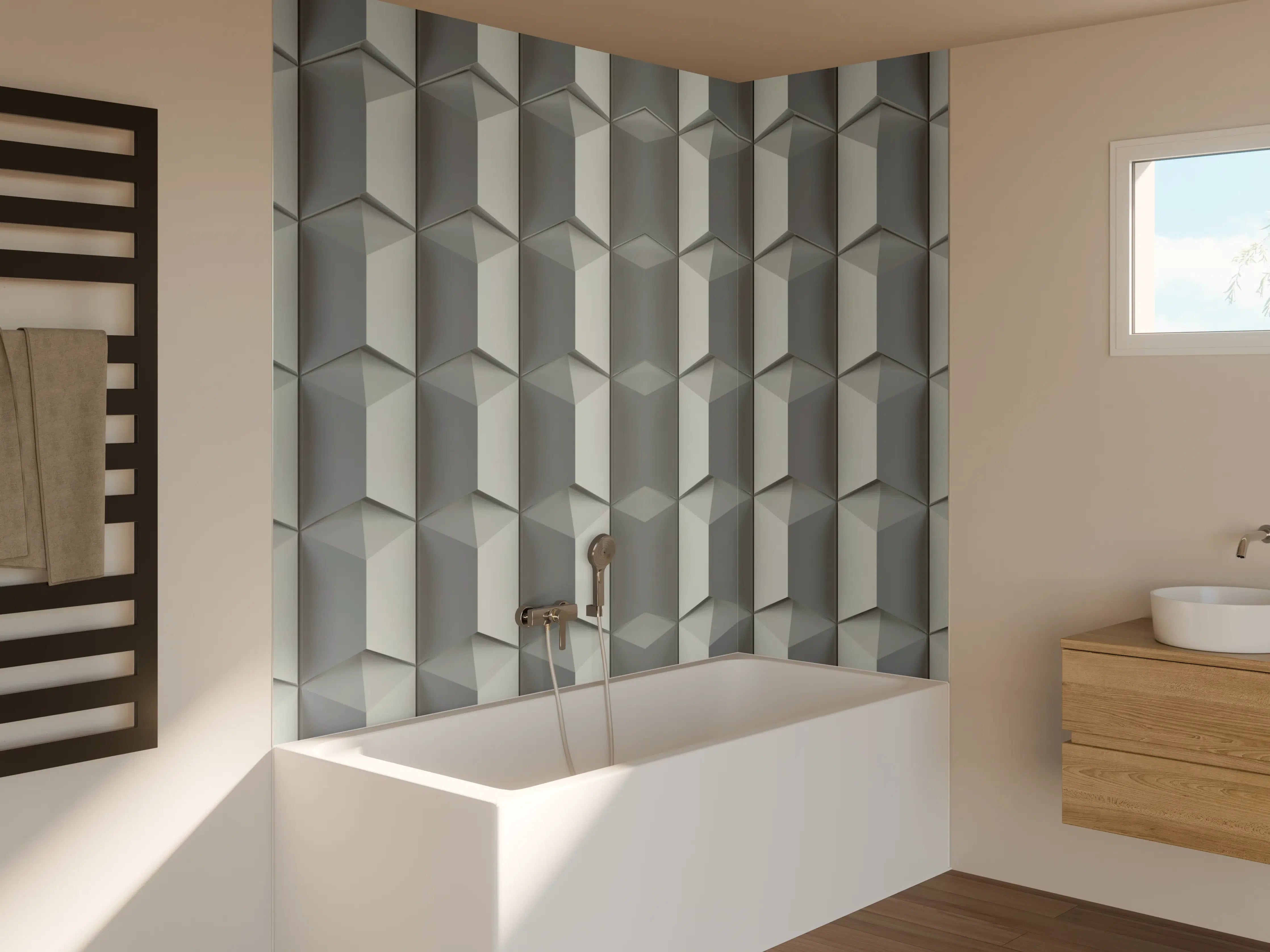 Badewannen-Rückwand - Feines Weiß mit subtilen Graunuancen: Geometrisches Muster