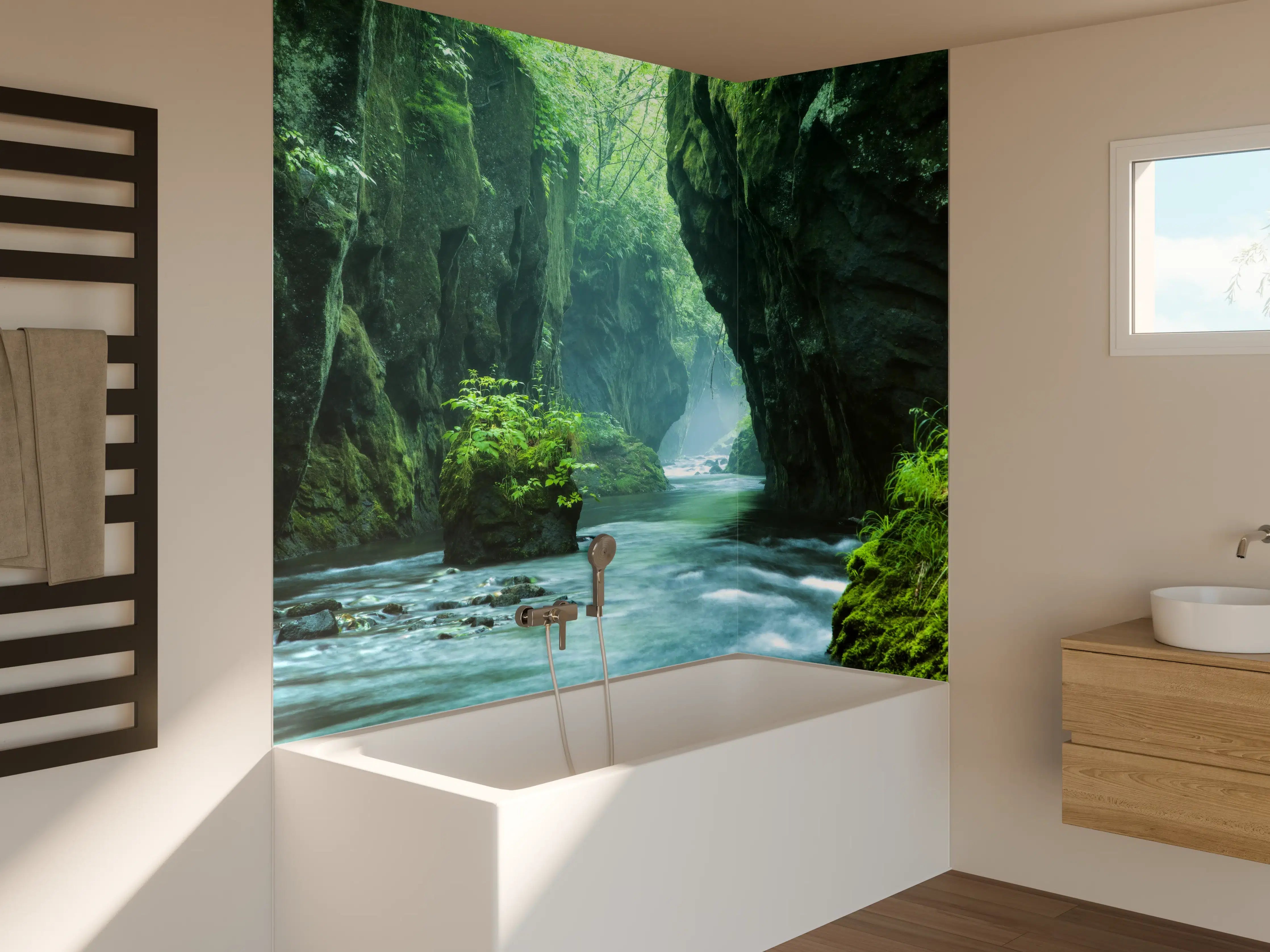Badewannen-Rückwand - Felsschlucht im Dschungel Hokkaidos
