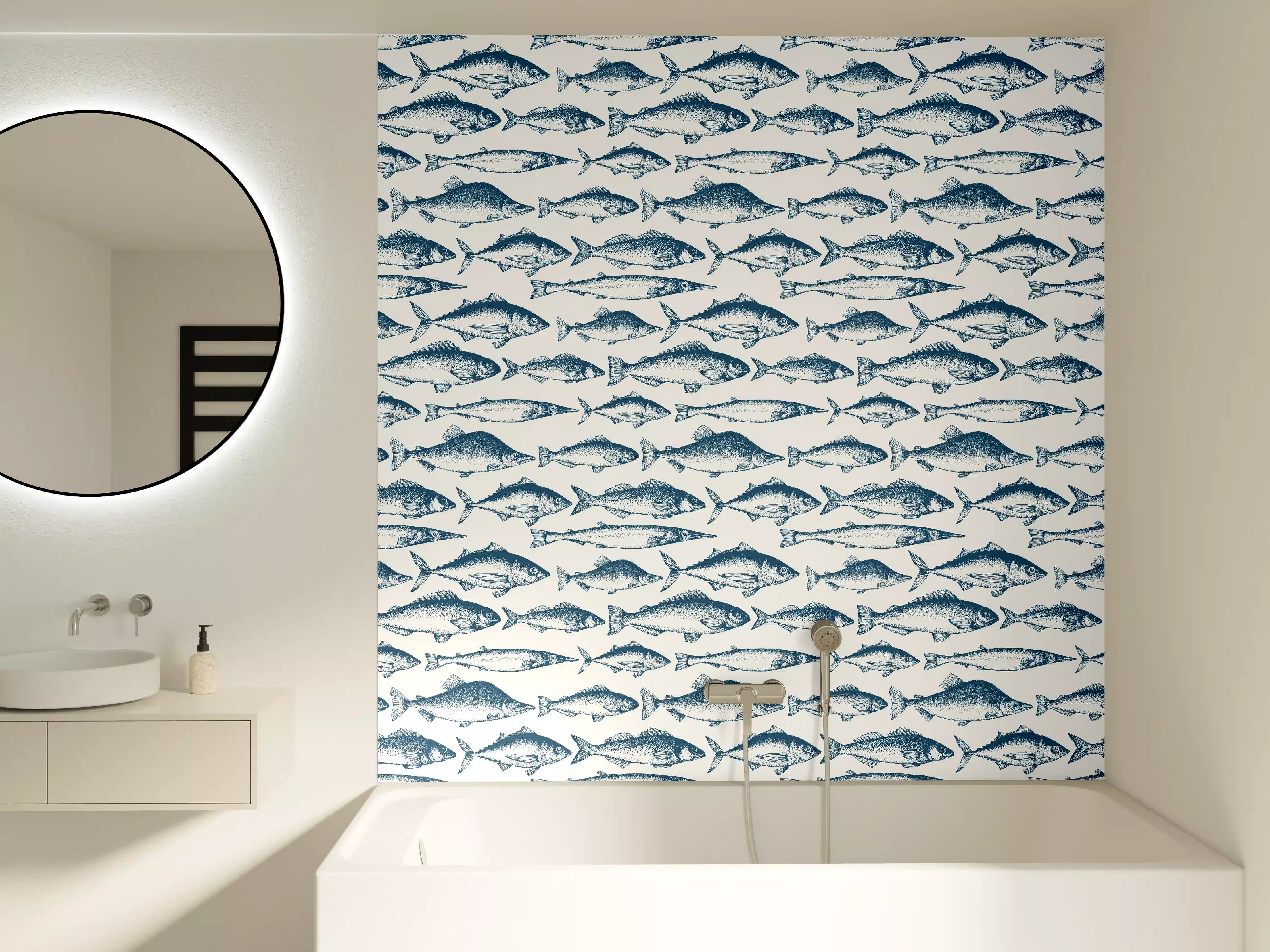 Badewannen-Rückwand - Fisch-Design in Blau und Weiß