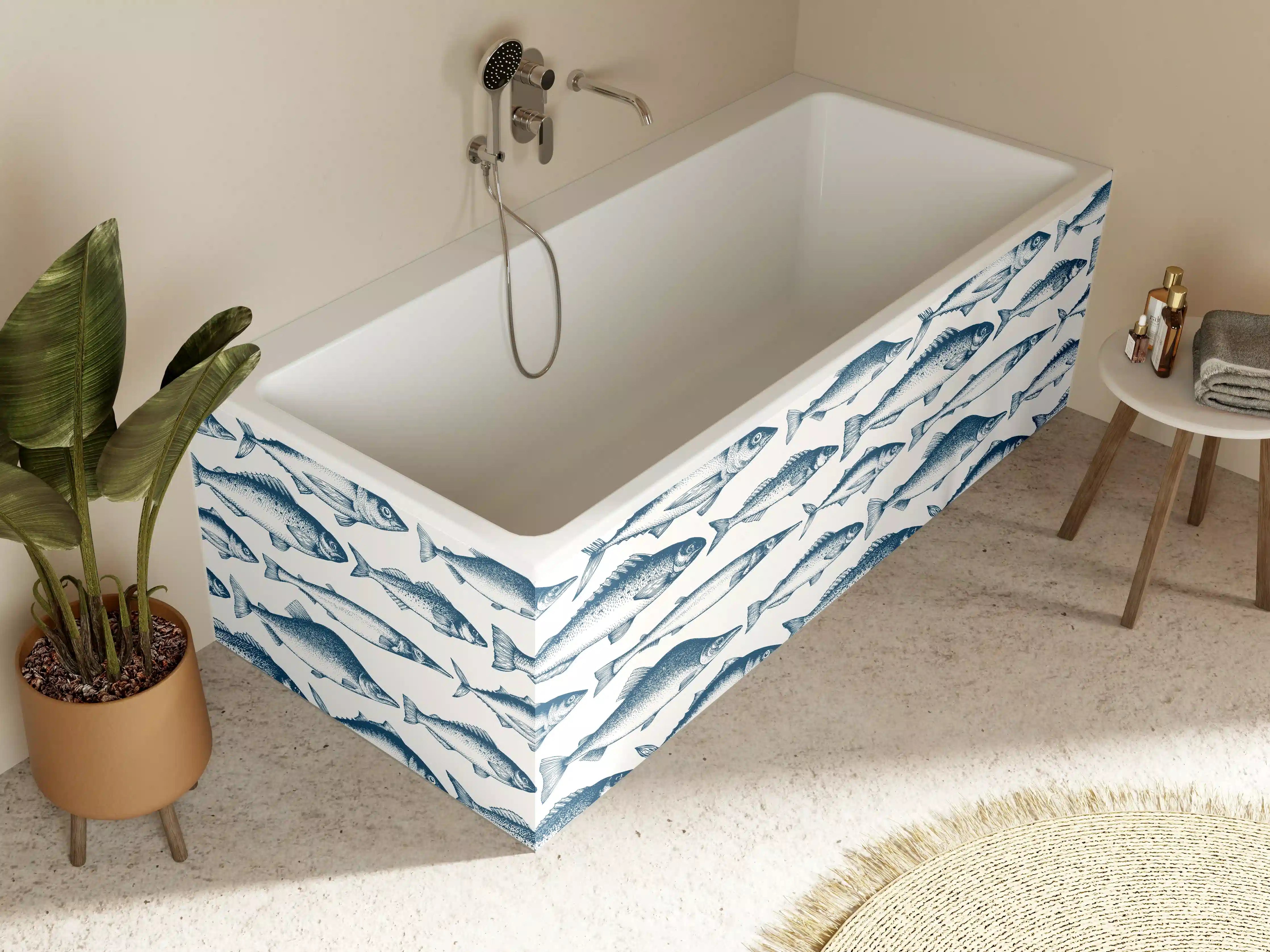 Badewannen-Rückwand - Fisch-Design in Blau und Weiß