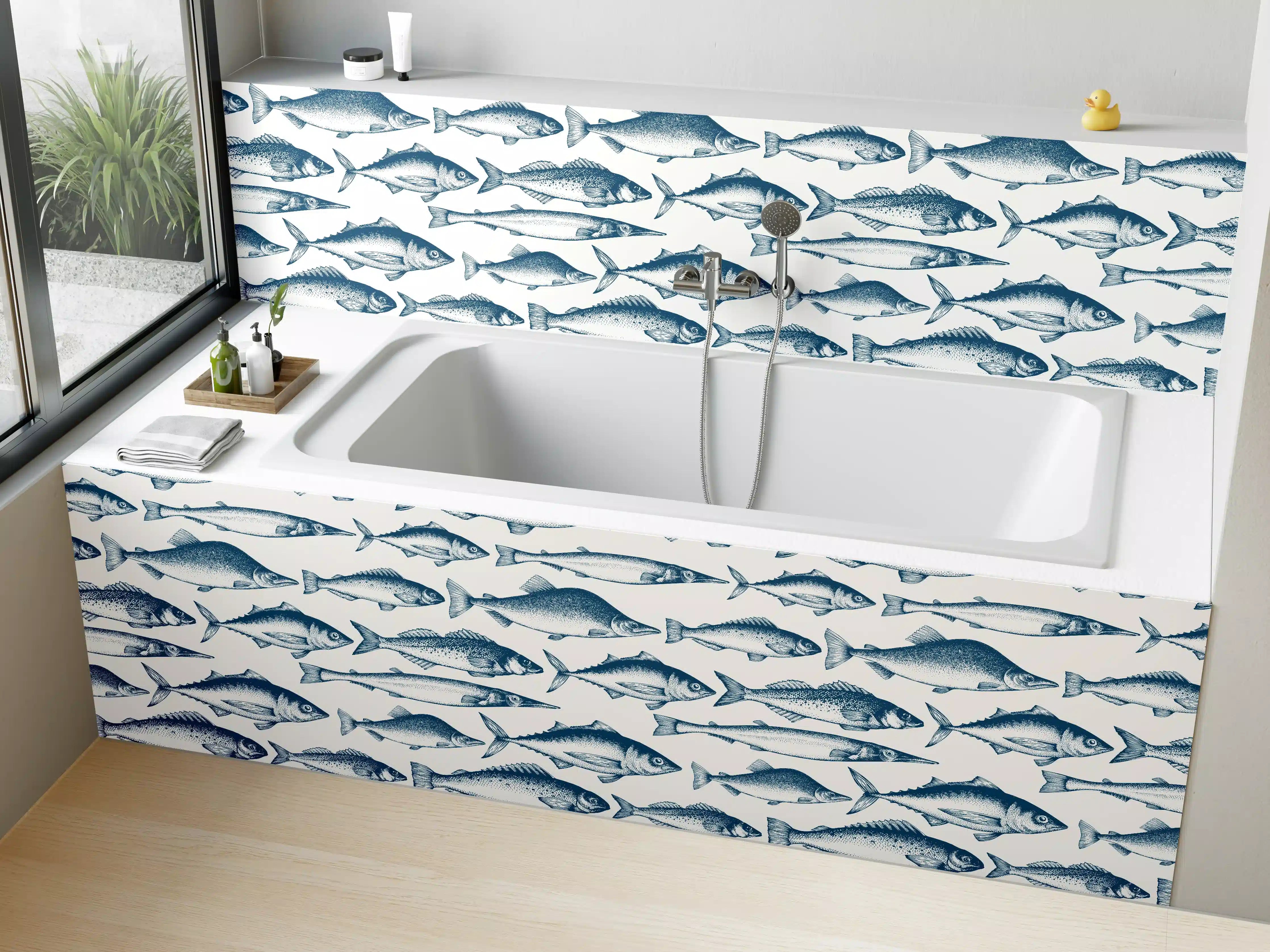 Badewannen-Rückwand - Fisch-Design in Blau und Weiß