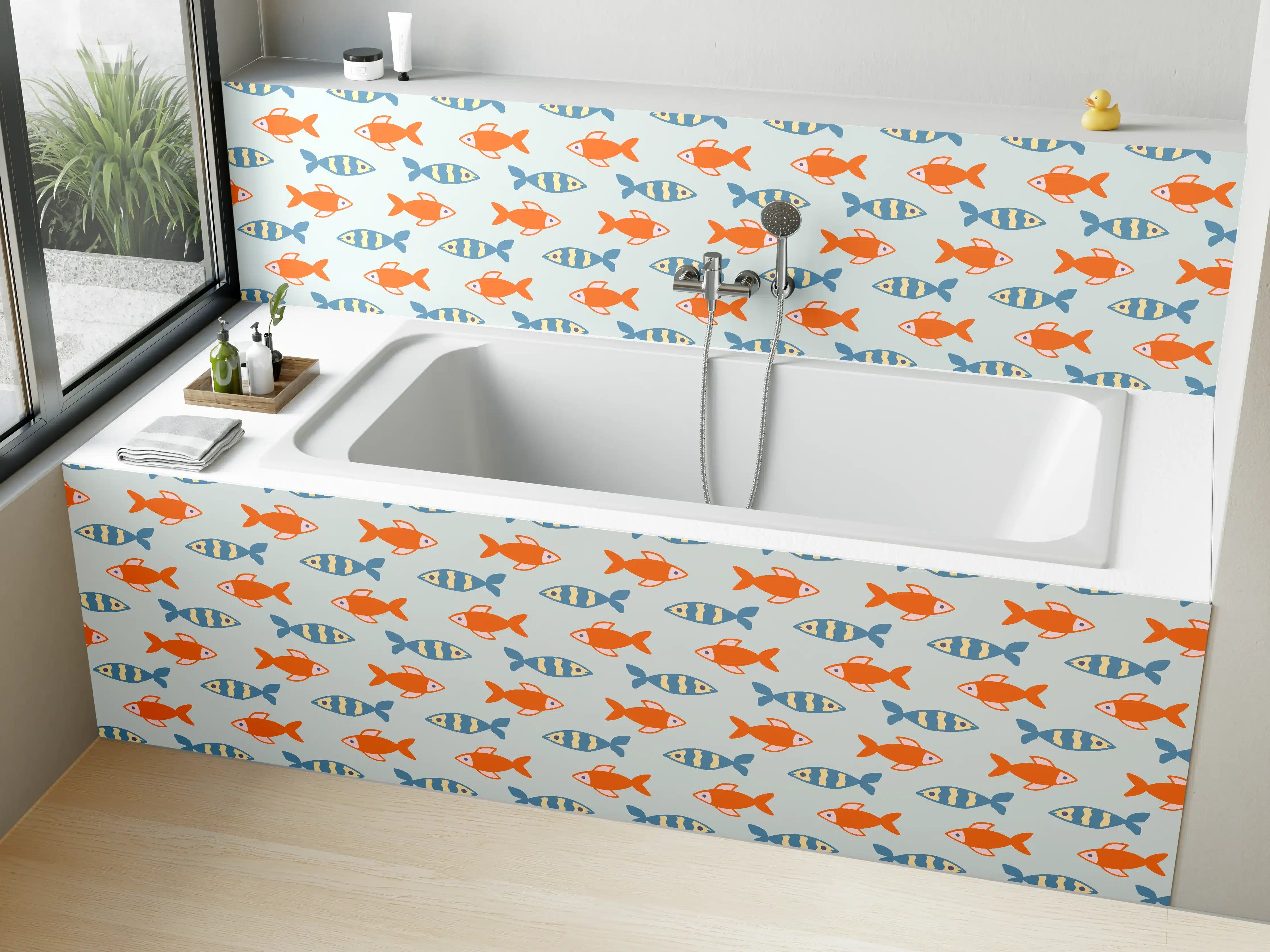 Badewannen-Rückwand - Fischmuster Orange-Blau