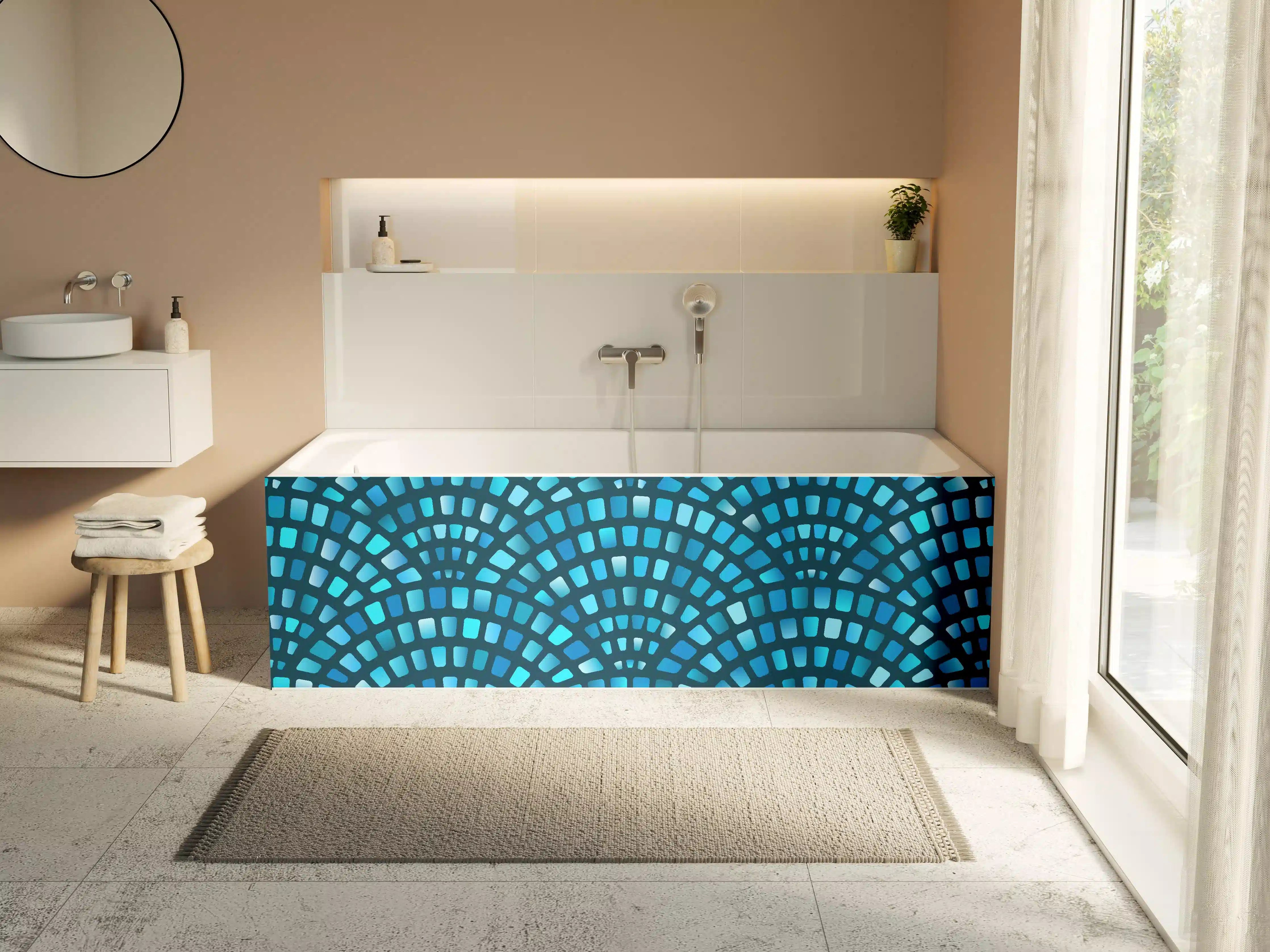 Badewannen-Rückwand - Fischschuppen Mosaik in Türkis