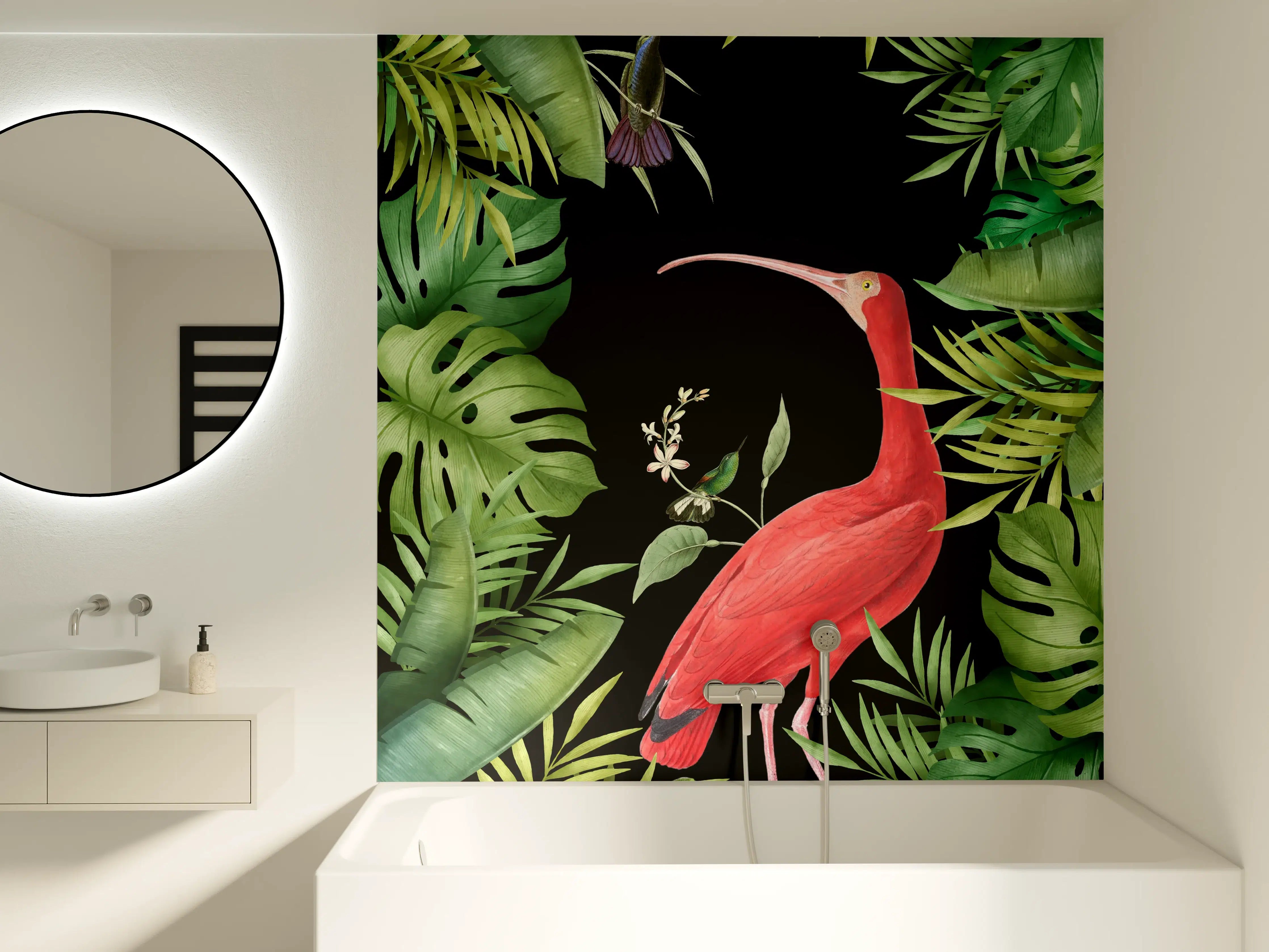 Badewannen-Rückwand - Flamingo im Pflanzenrahmen