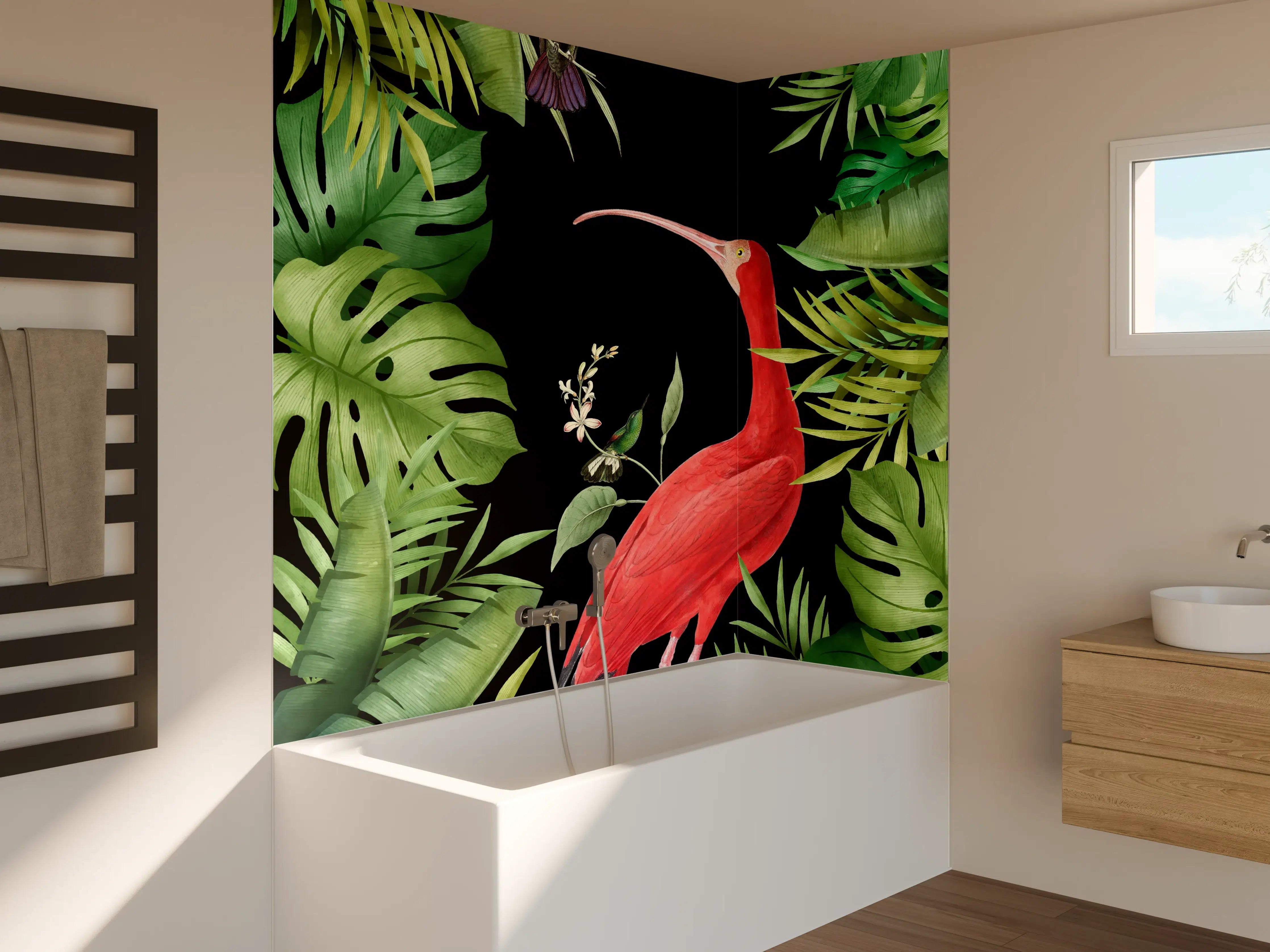 Badewannen-Rückwand - Flamingo im Pflanzenrahmen