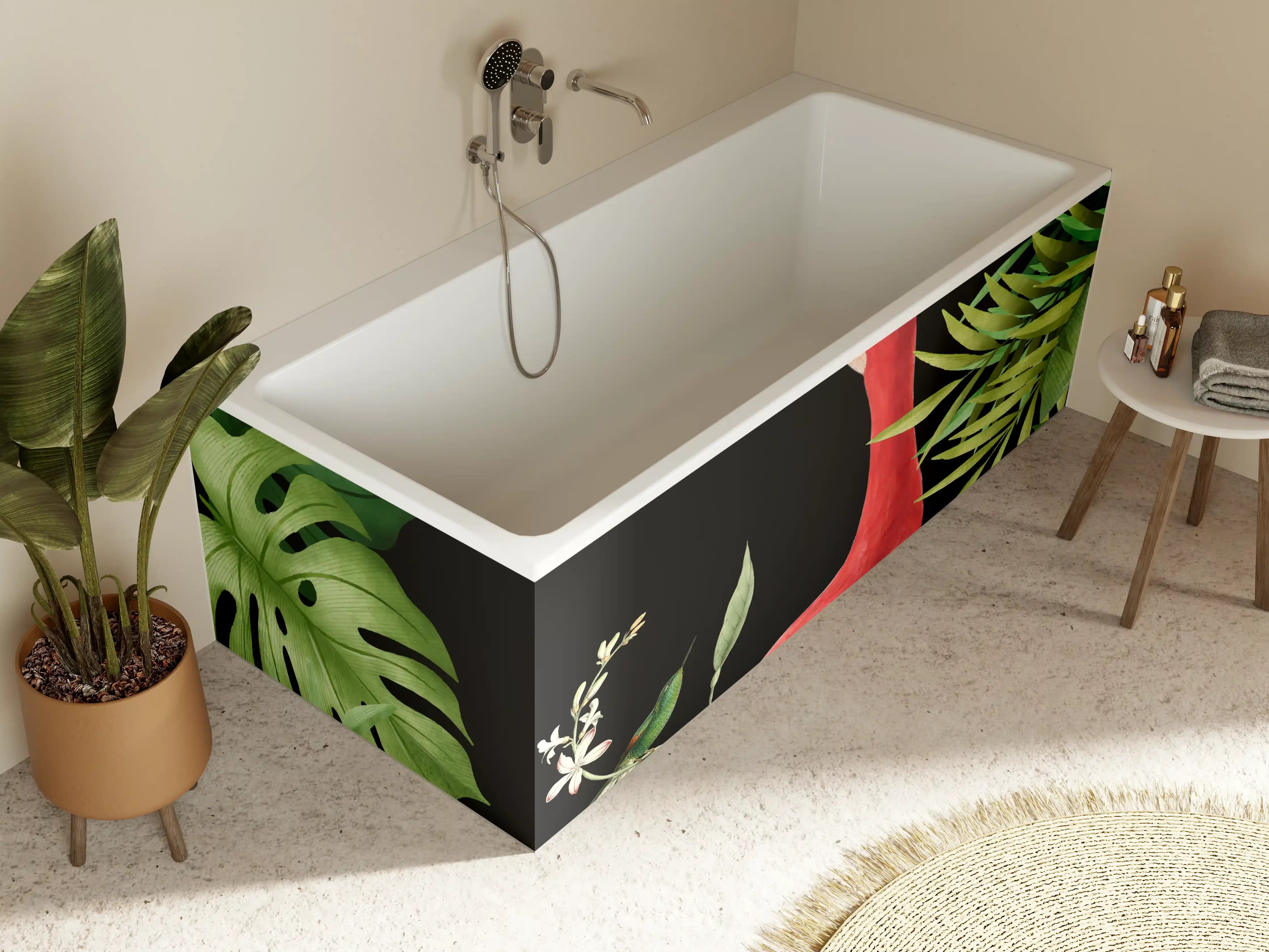 Badewannen-Rückwand - Flamingo im Pflanzenrahmen