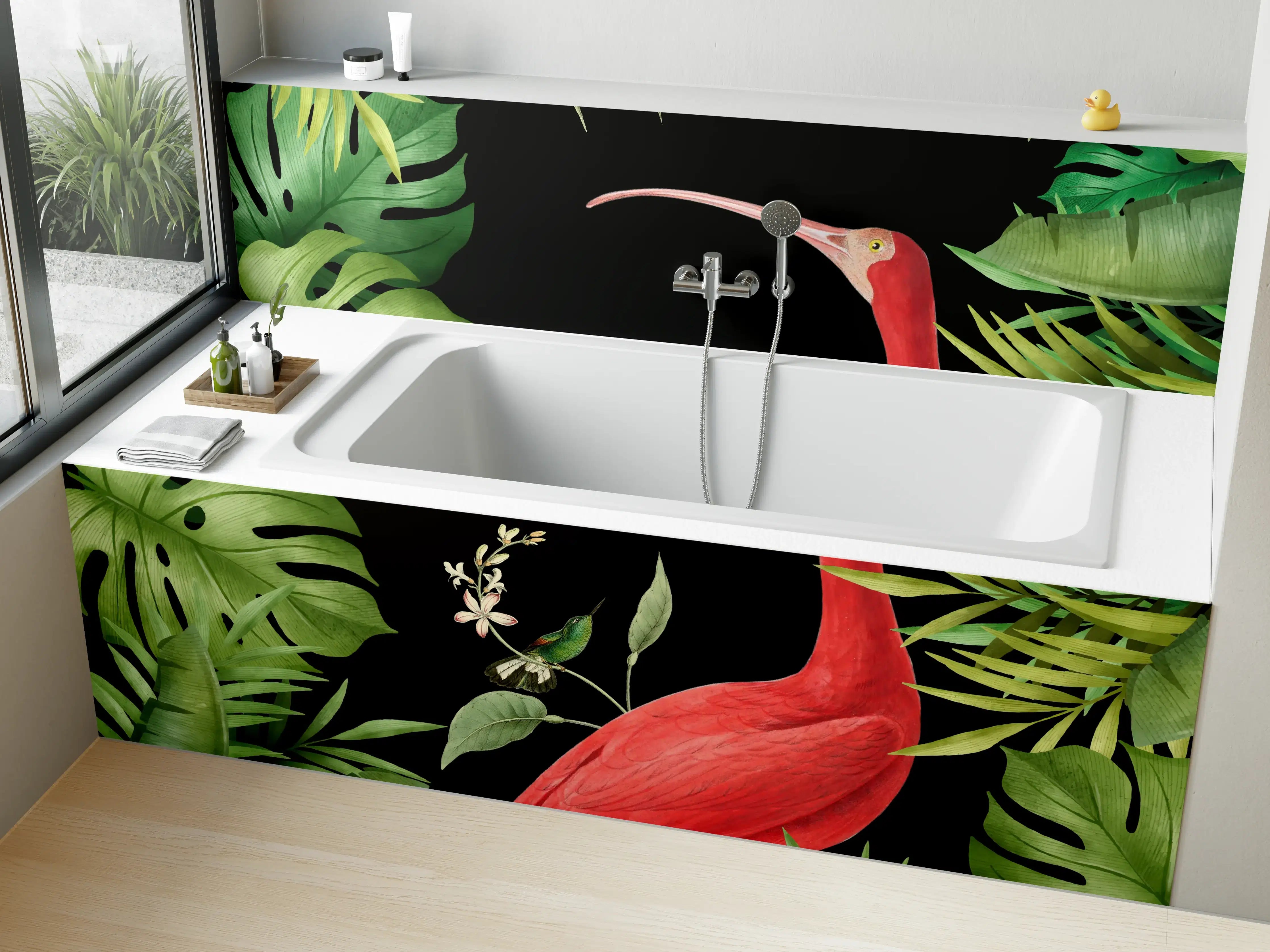 Badewannen-Rückwand - Flamingo im Pflanzenrahmen