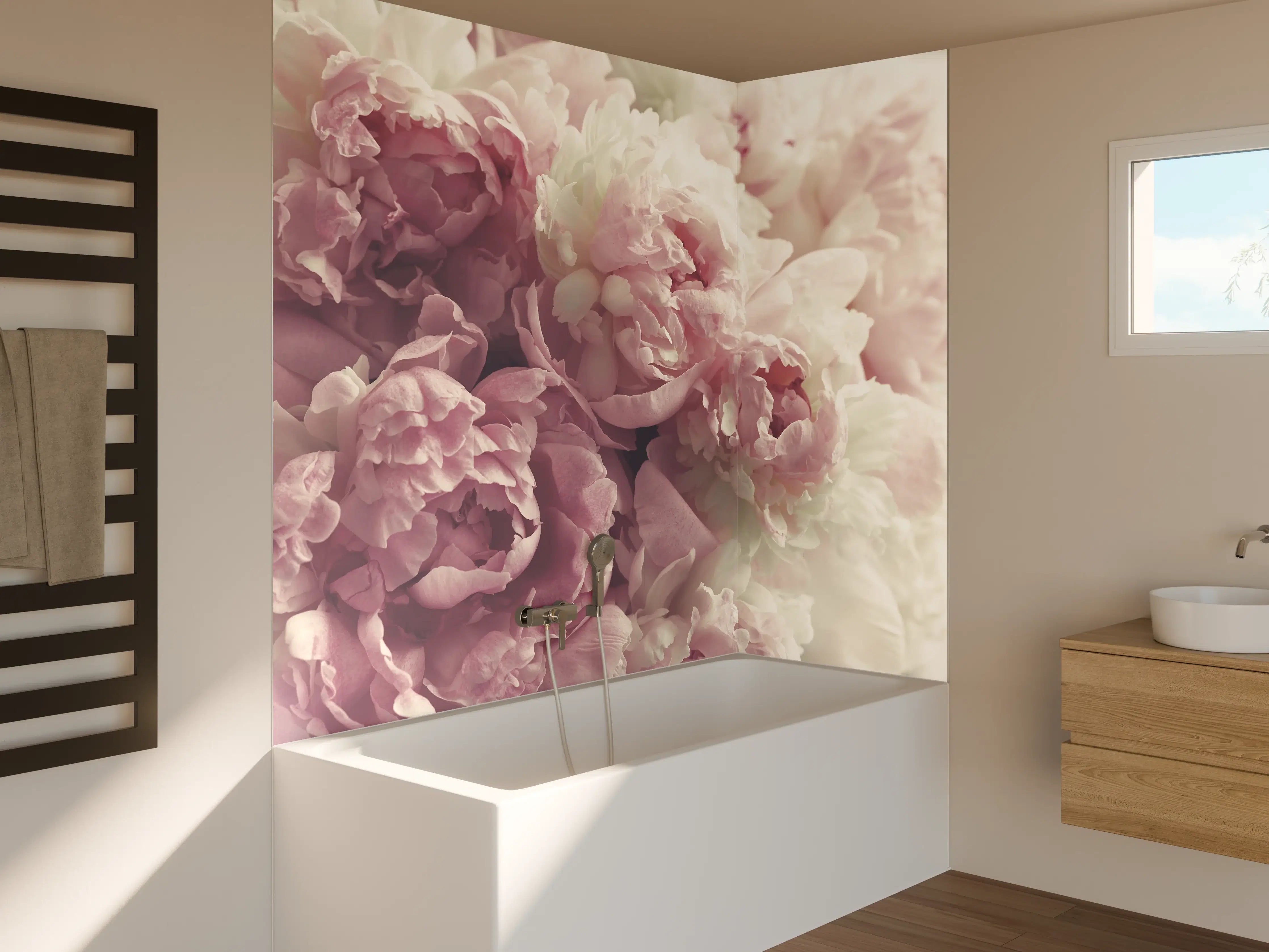 Badewannen-Rückwand - Flauschige rosa Pfingstrosen - Vintage