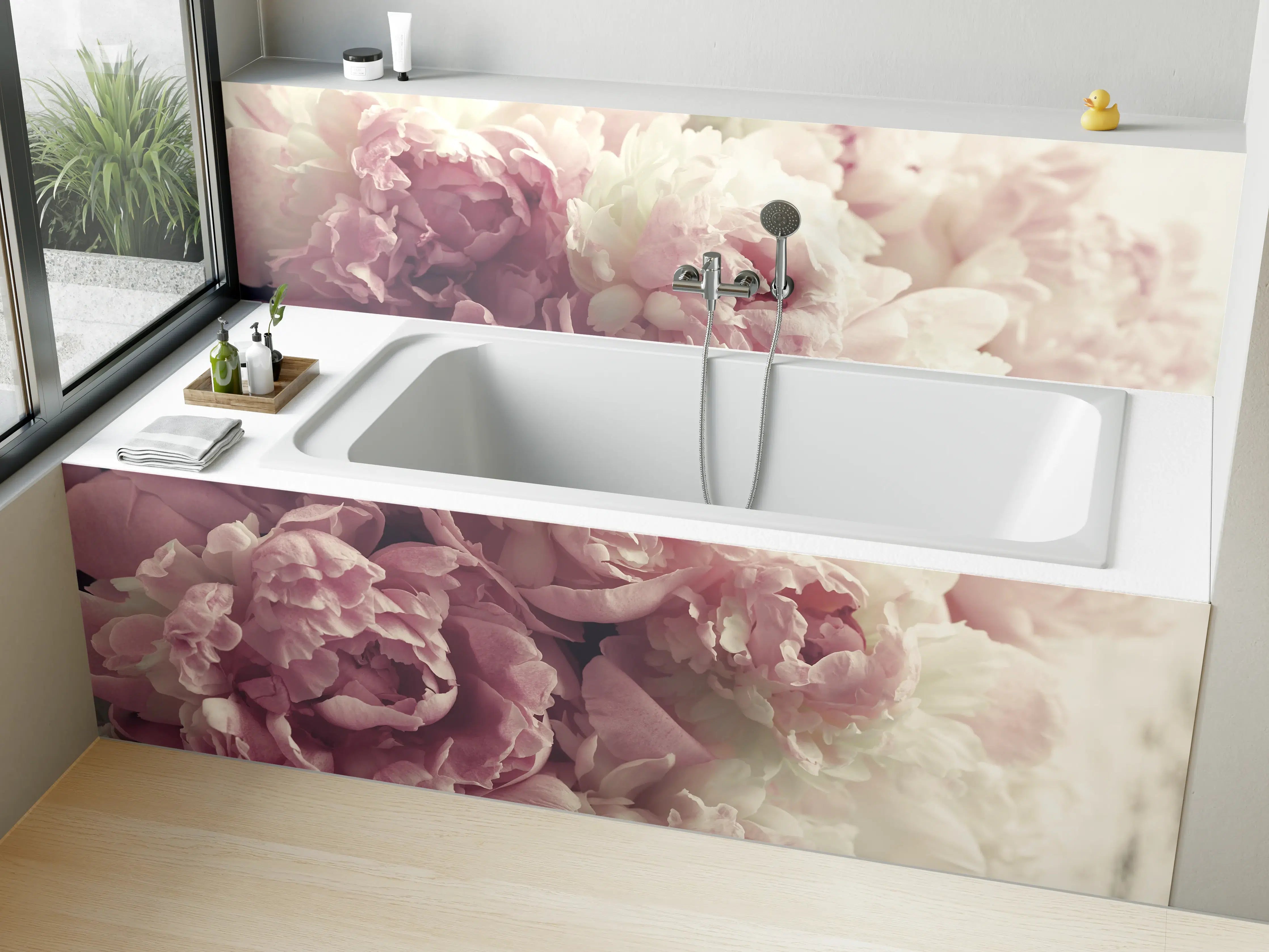 Badewannen-Rückwand - Flauschige rosa Pfingstrosen - Vintage