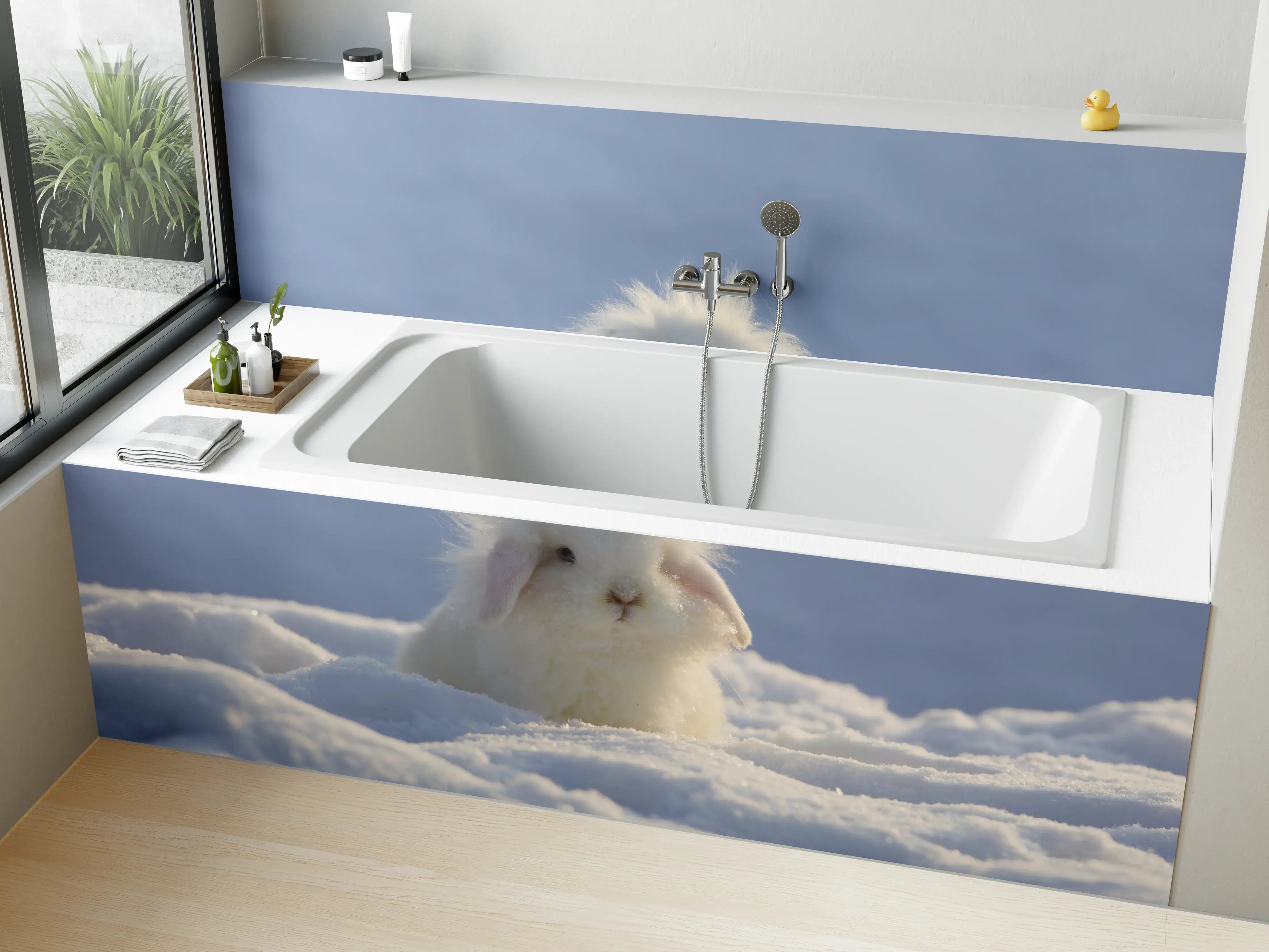 Badewannen-Rückwand - Flauschiges Kaninchen im Schnee
