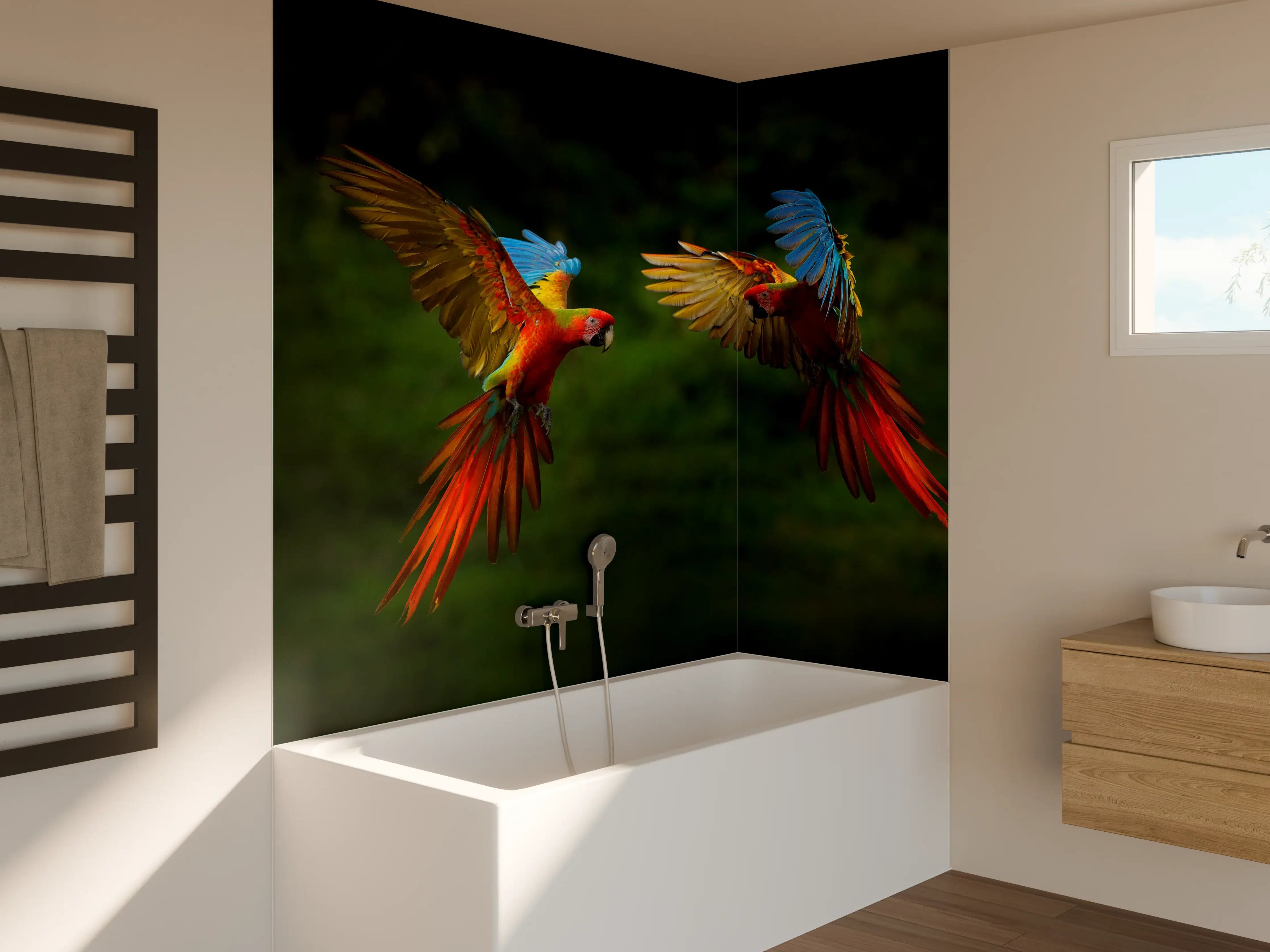 Badewannen-Rückwand - Fliegende bunte Papageien