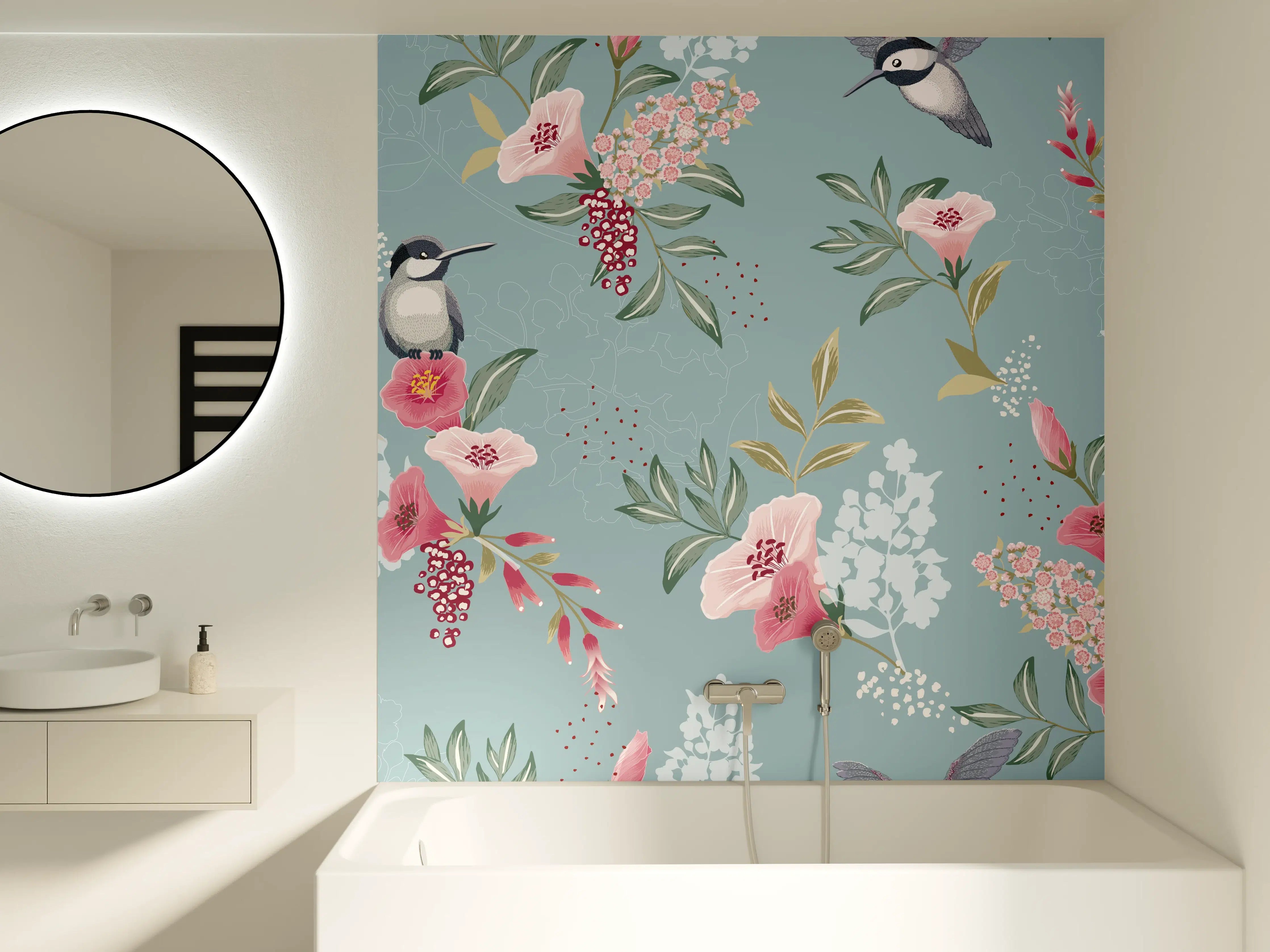Badewannen-Rückwand - Floral-Bird-Muster Blaugrau