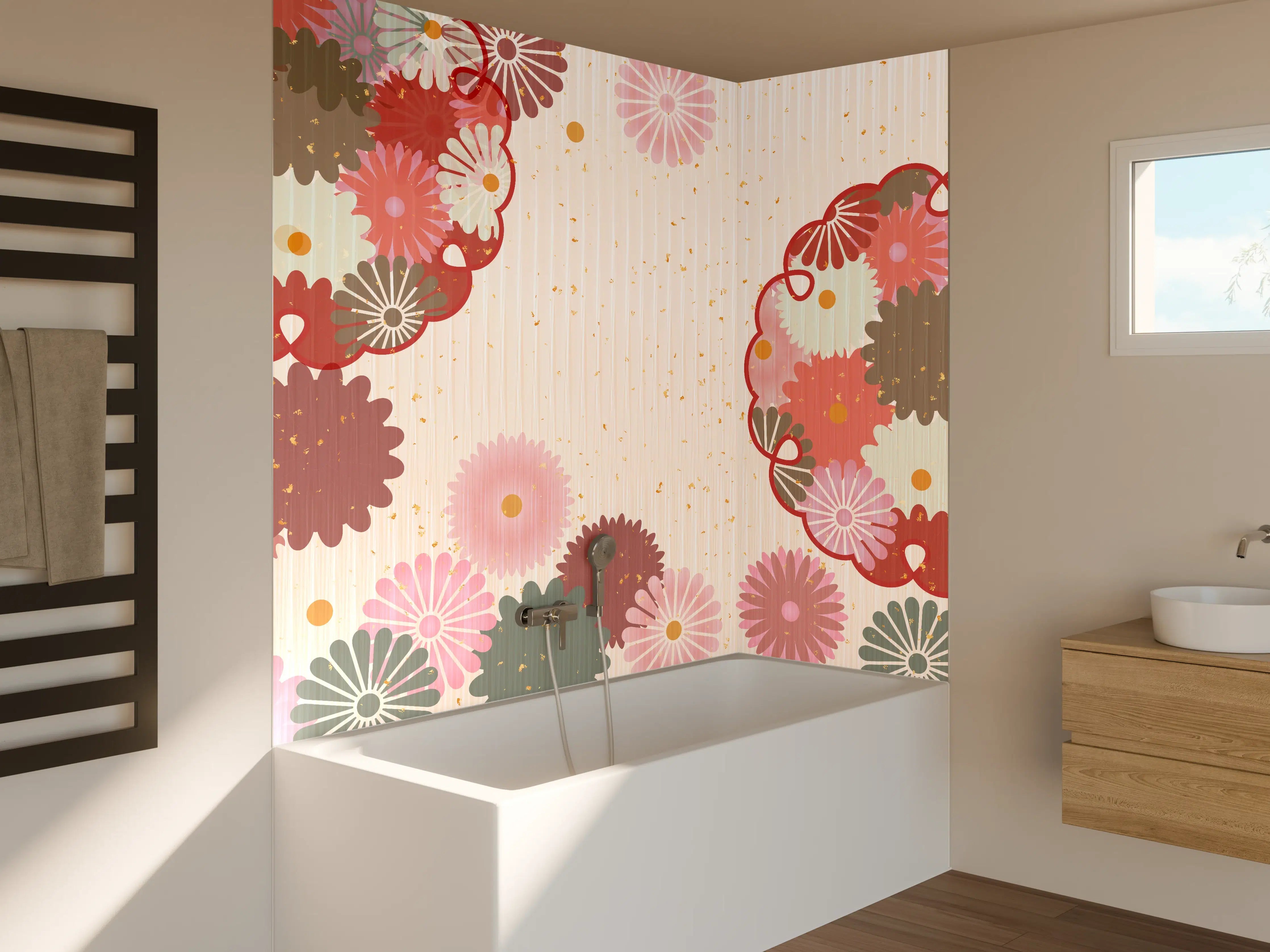 Badewannen-Rückwand - Floral Blumenmuster Beige Rot