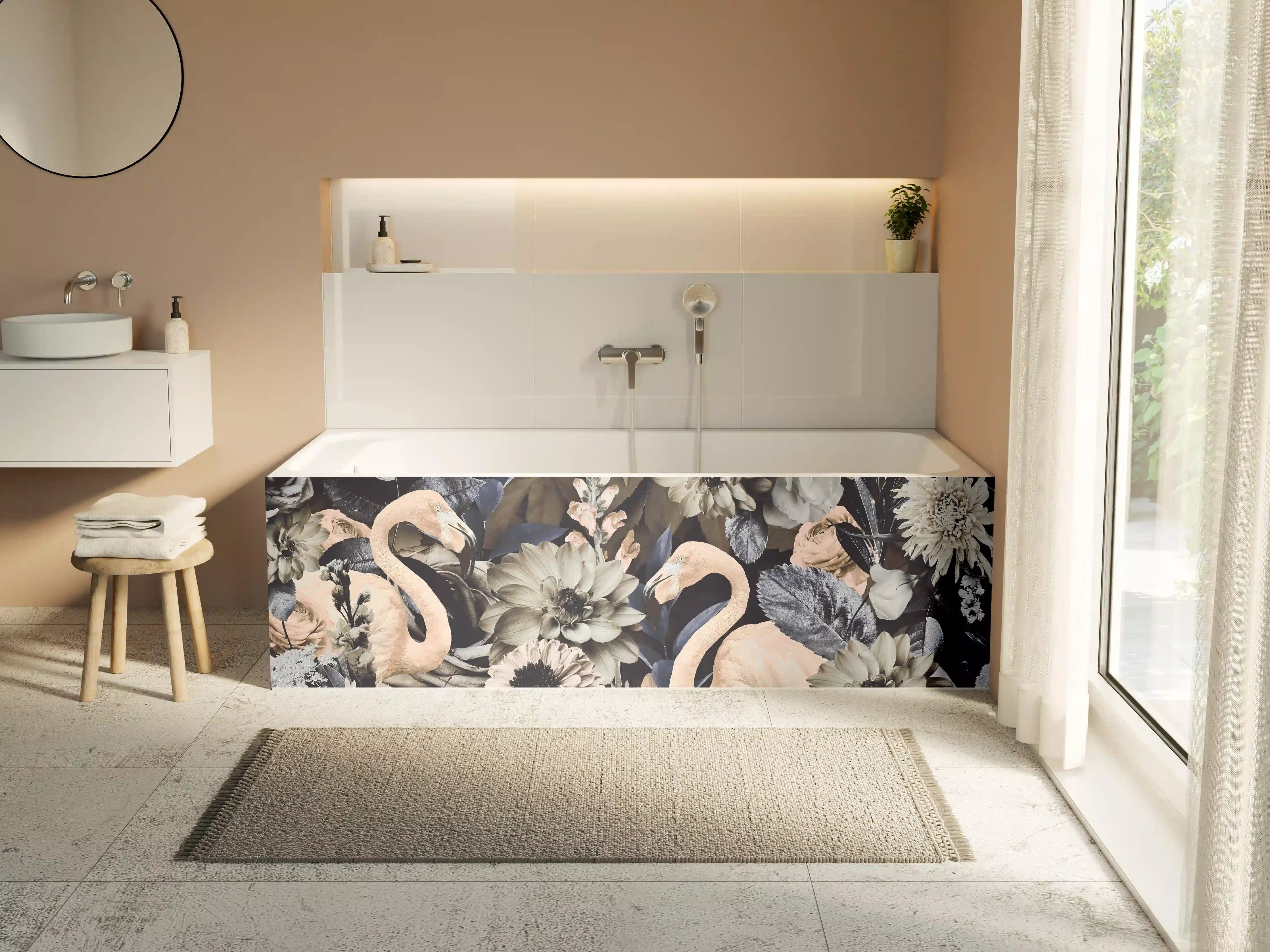 Badewannen-Rückwand - Floral-Flamingo Muster Grau-Weiß