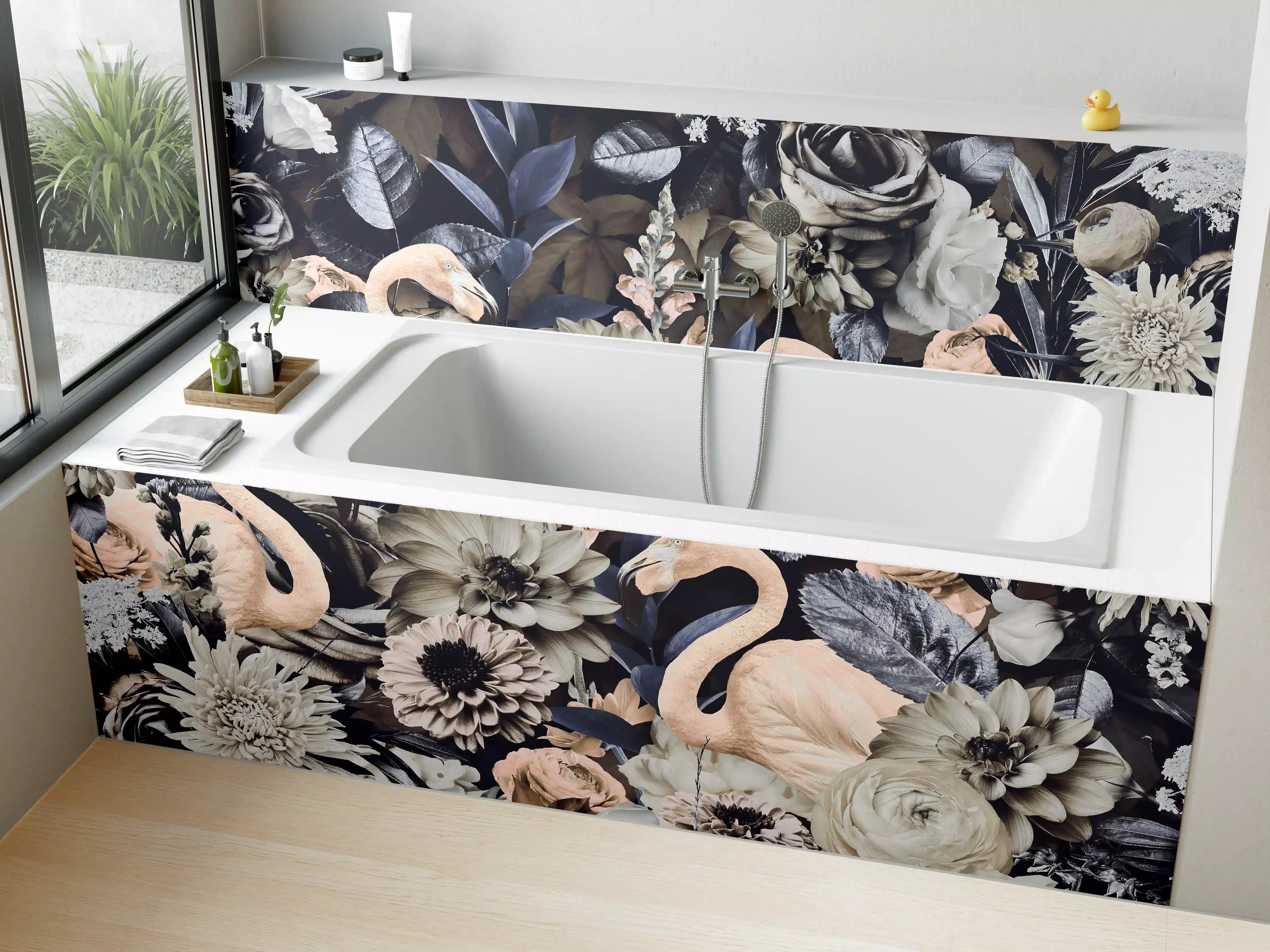 Badewannen-Rückwand - Floral-Flamingo Muster Grau-Weiß