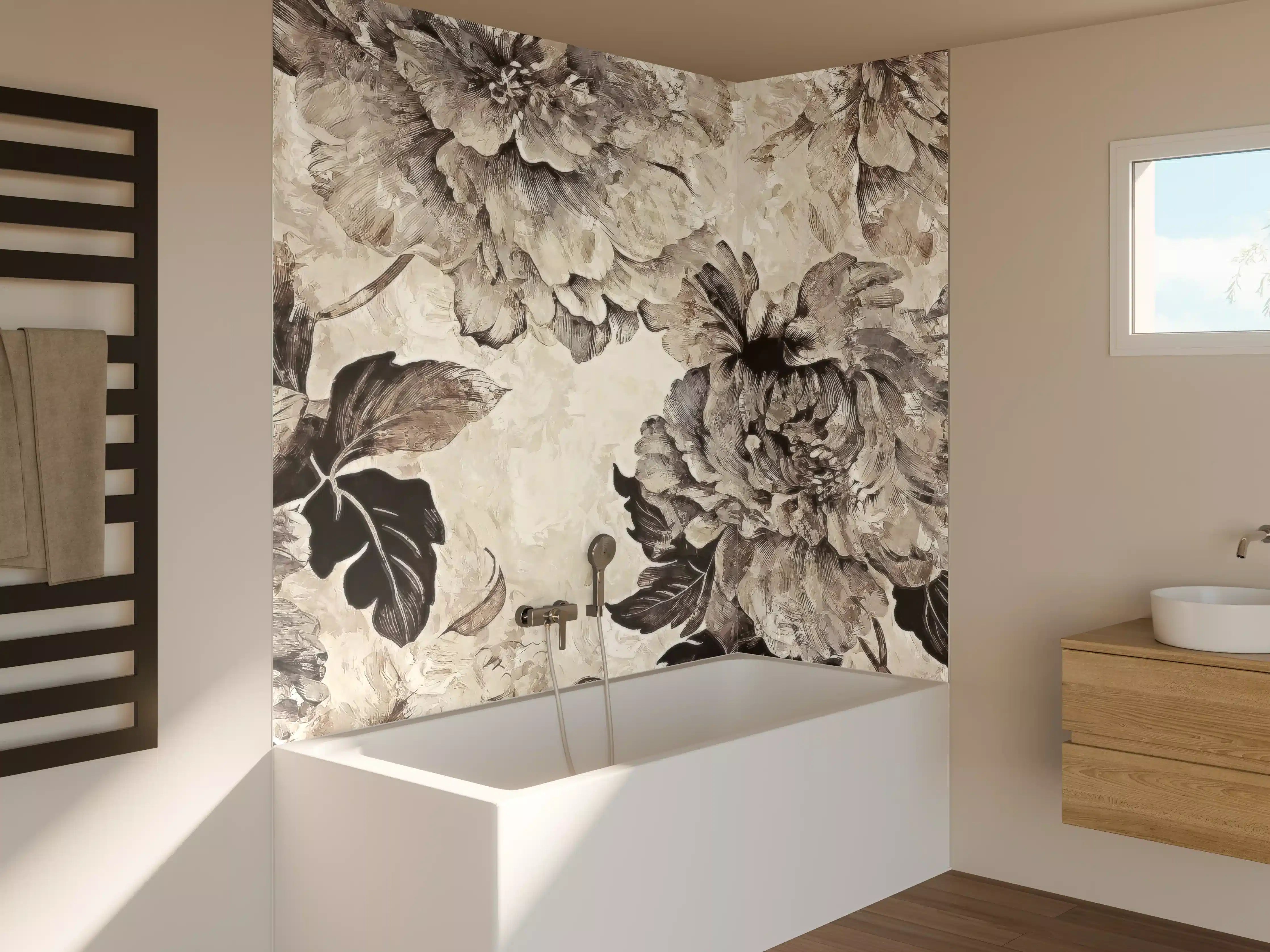 Badewannen-Rückwand - Floral Grau-Beige Kunstposter