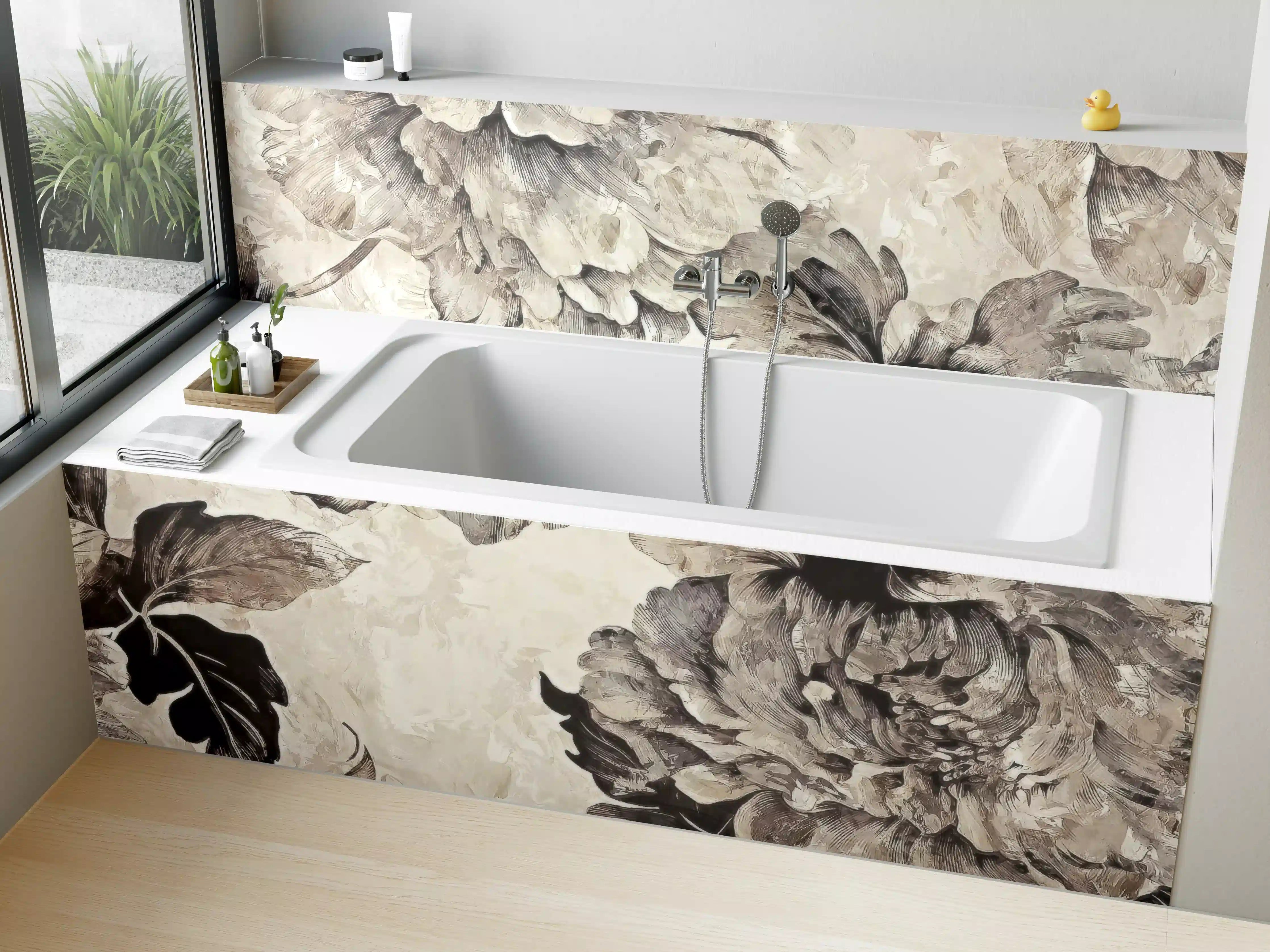 Badewannen-Rückwand - Floral Grau-Beige Kunstposter