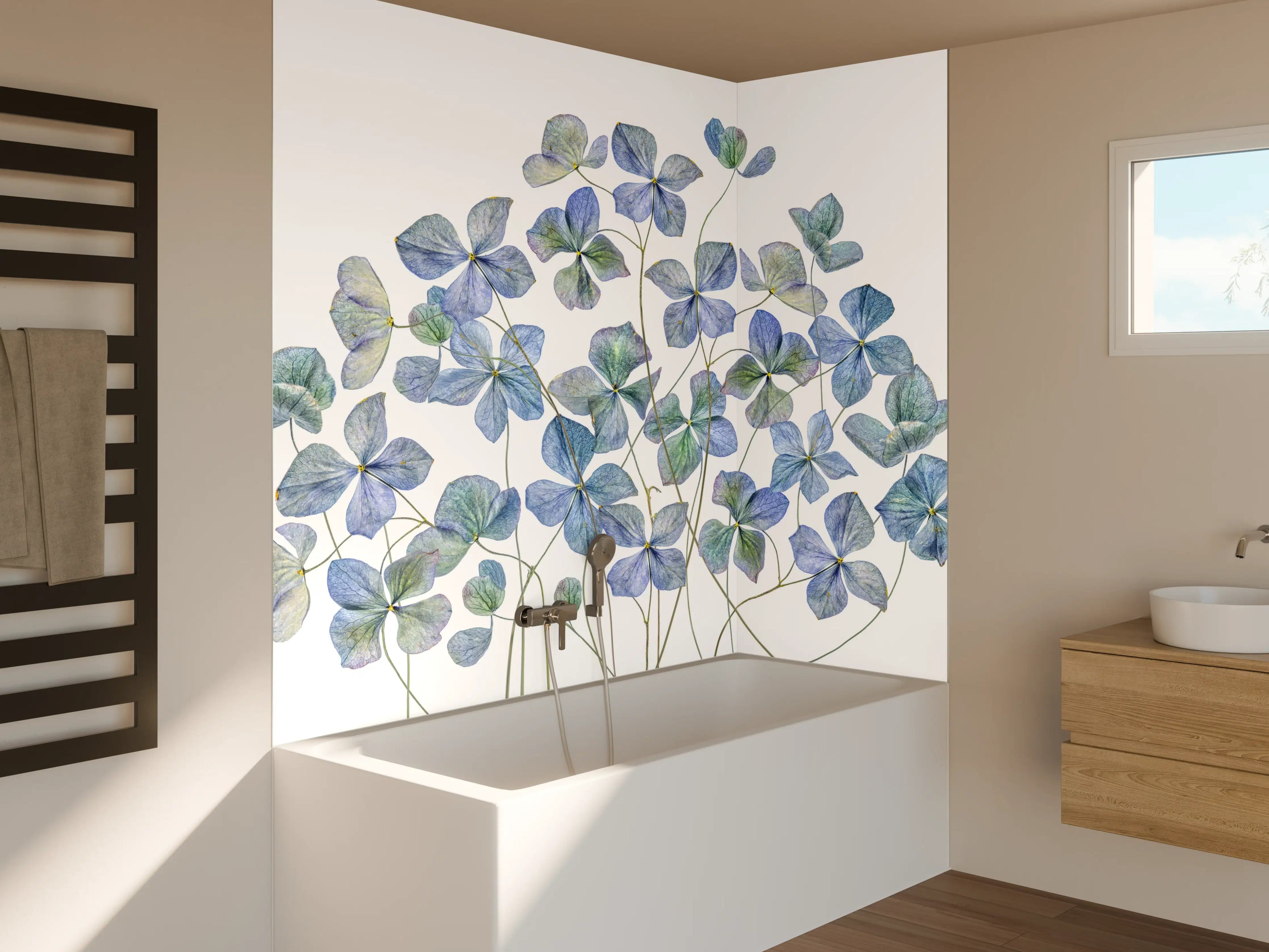 Badewannen-Rückwand - Florale Darstellung - Blaue Blumen