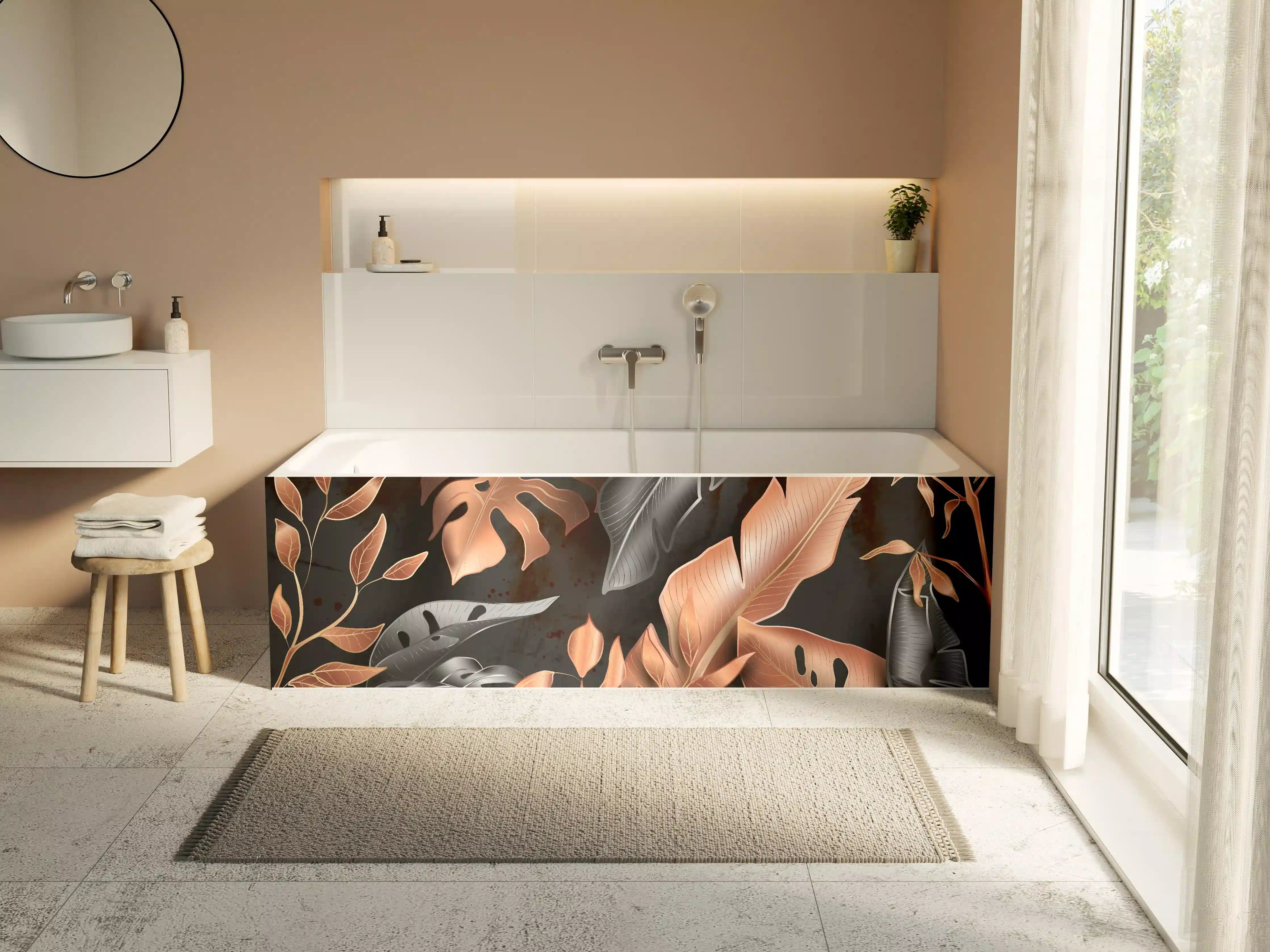 Badewannen-Rückwand - Florale Muster Schwarz Kupfer