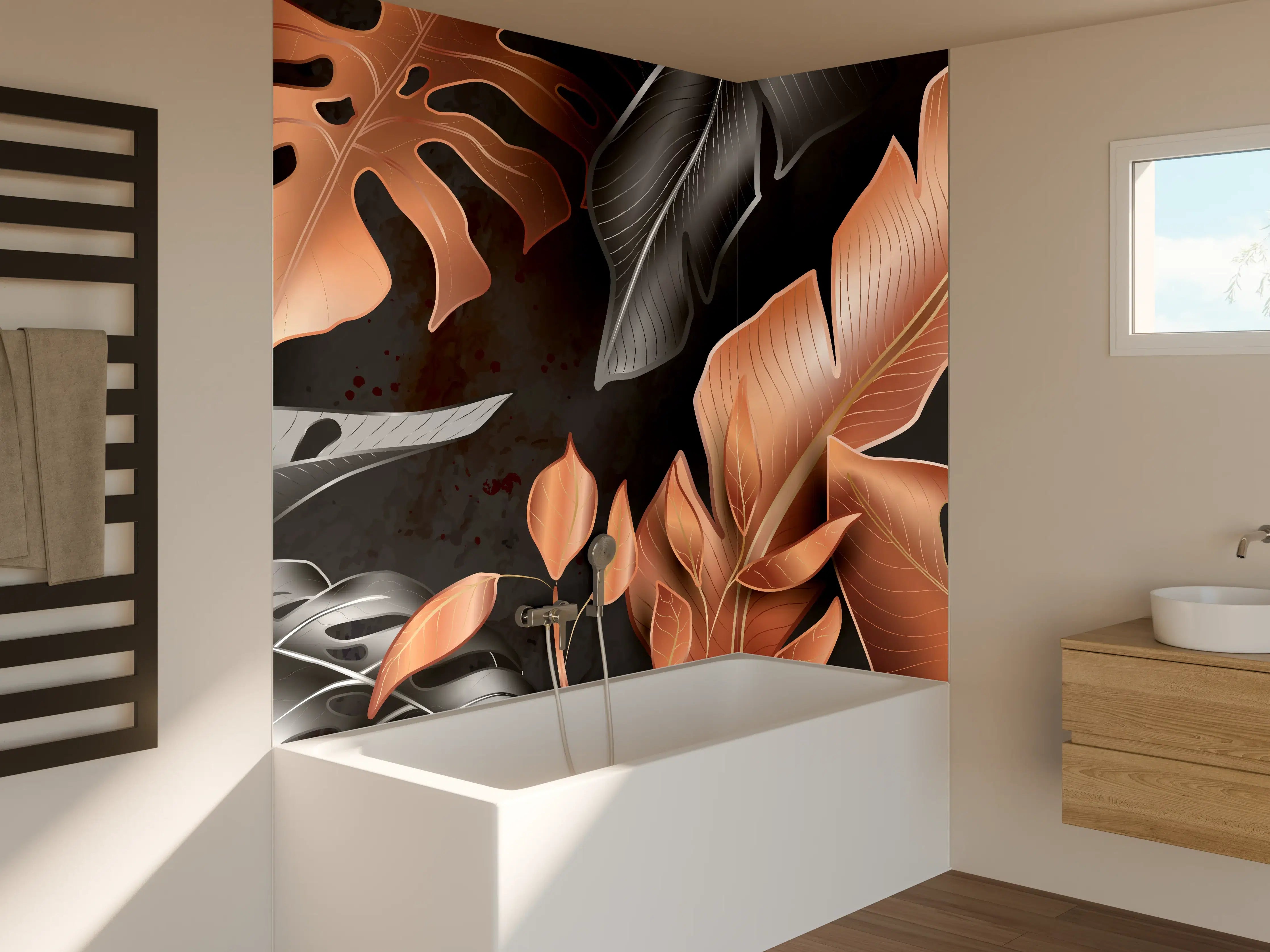 Badewannen-Rückwand - Florale Muster Schwarz Kupfer