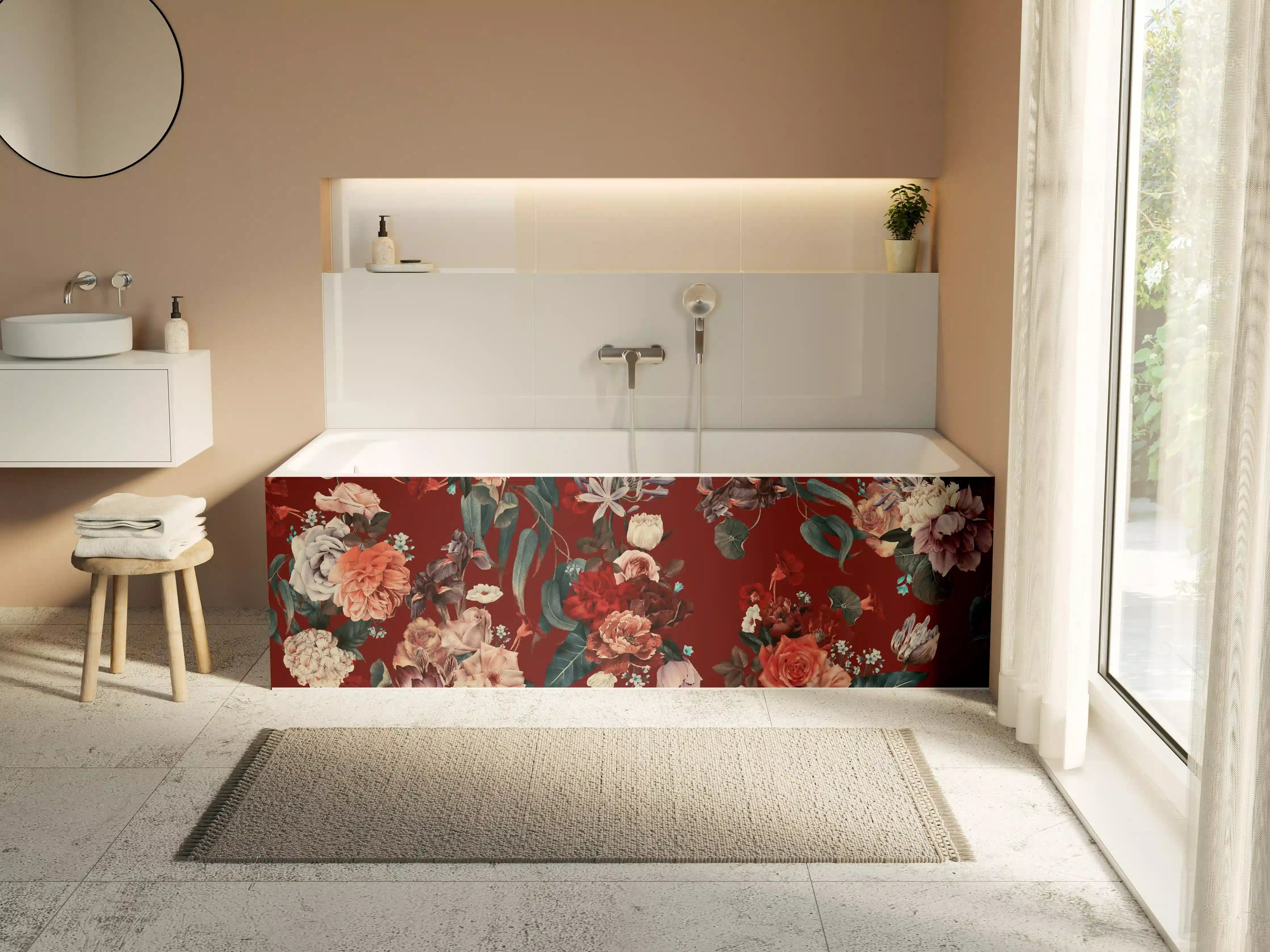 Badewannen-Rückwand - Florale Muster in warmen Rottönen