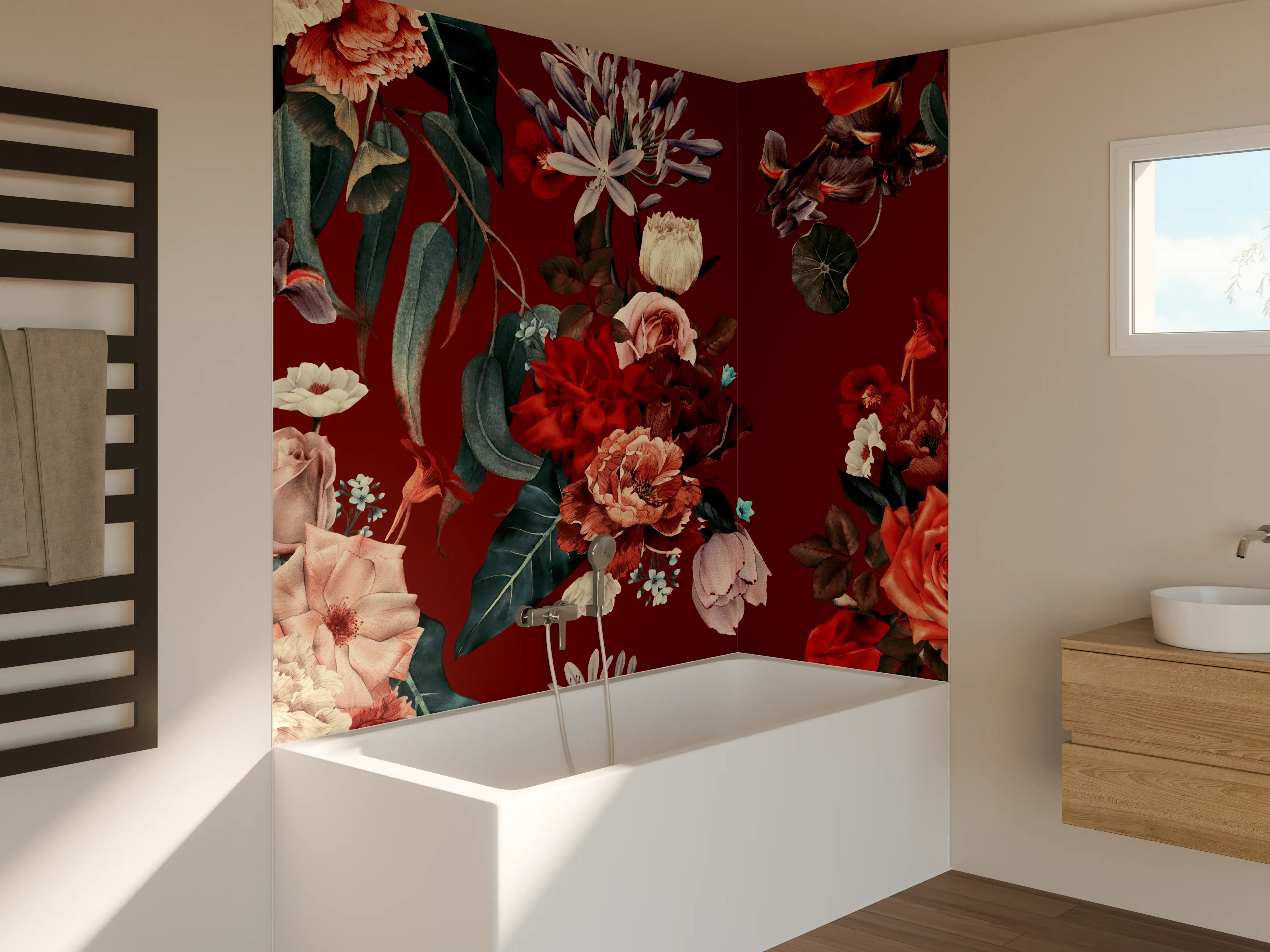 Badewannen-Rückwand - Florale Muster in warmen Rottönen