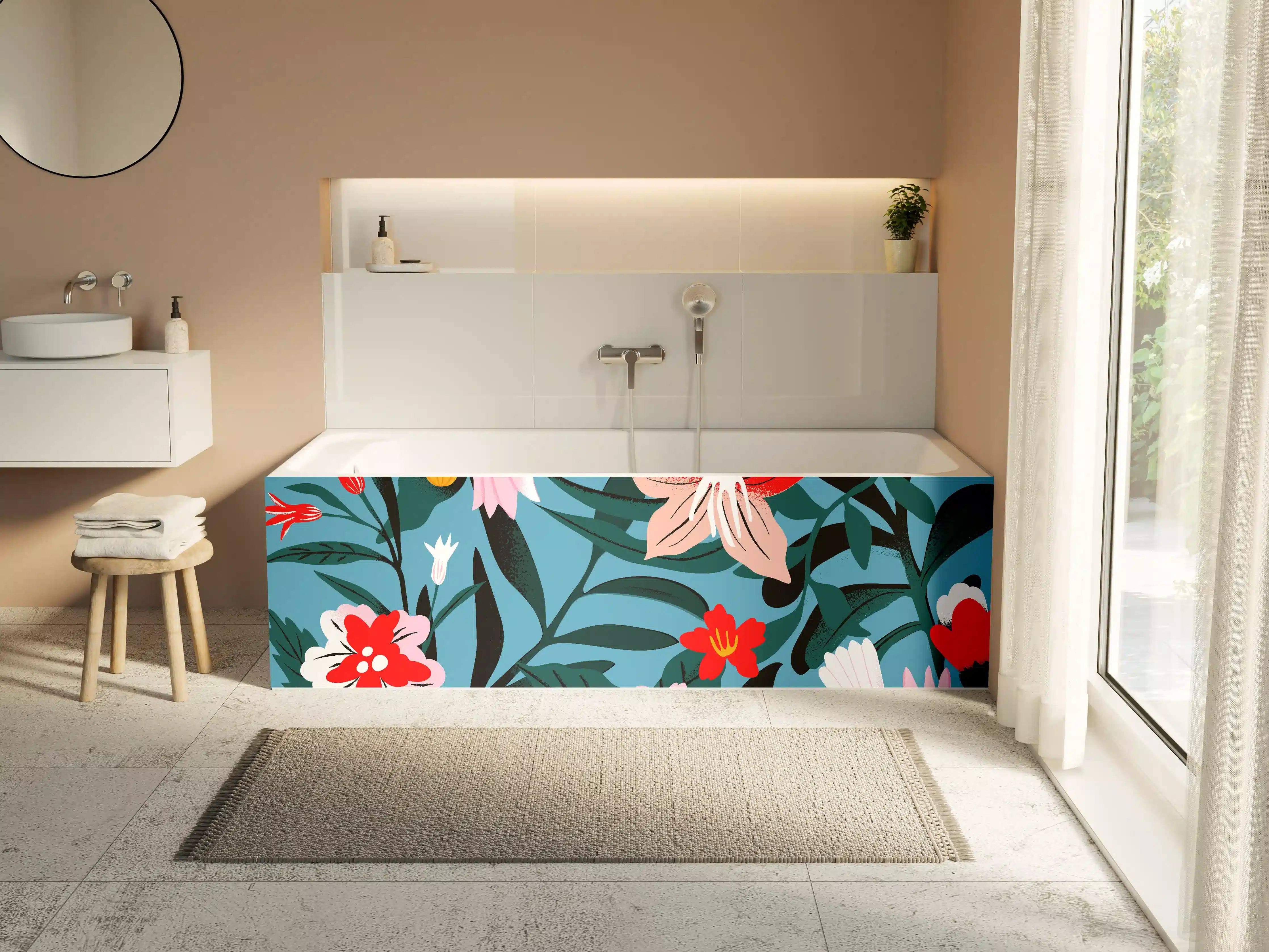 Badewannen-Rückwand - Florales Blau-Rot Muster