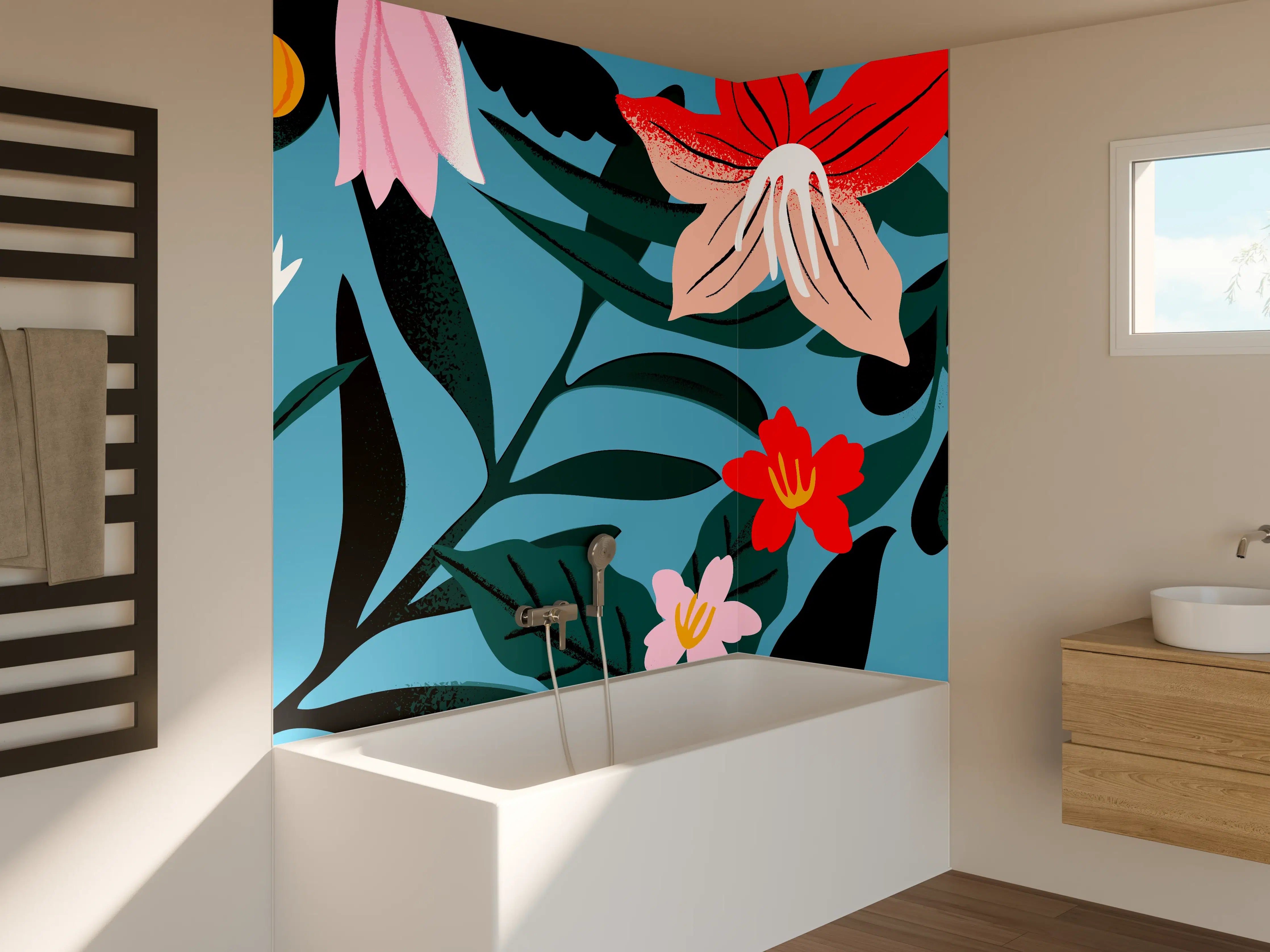 Badewannen-Rückwand - Florales Blau-Rot Muster