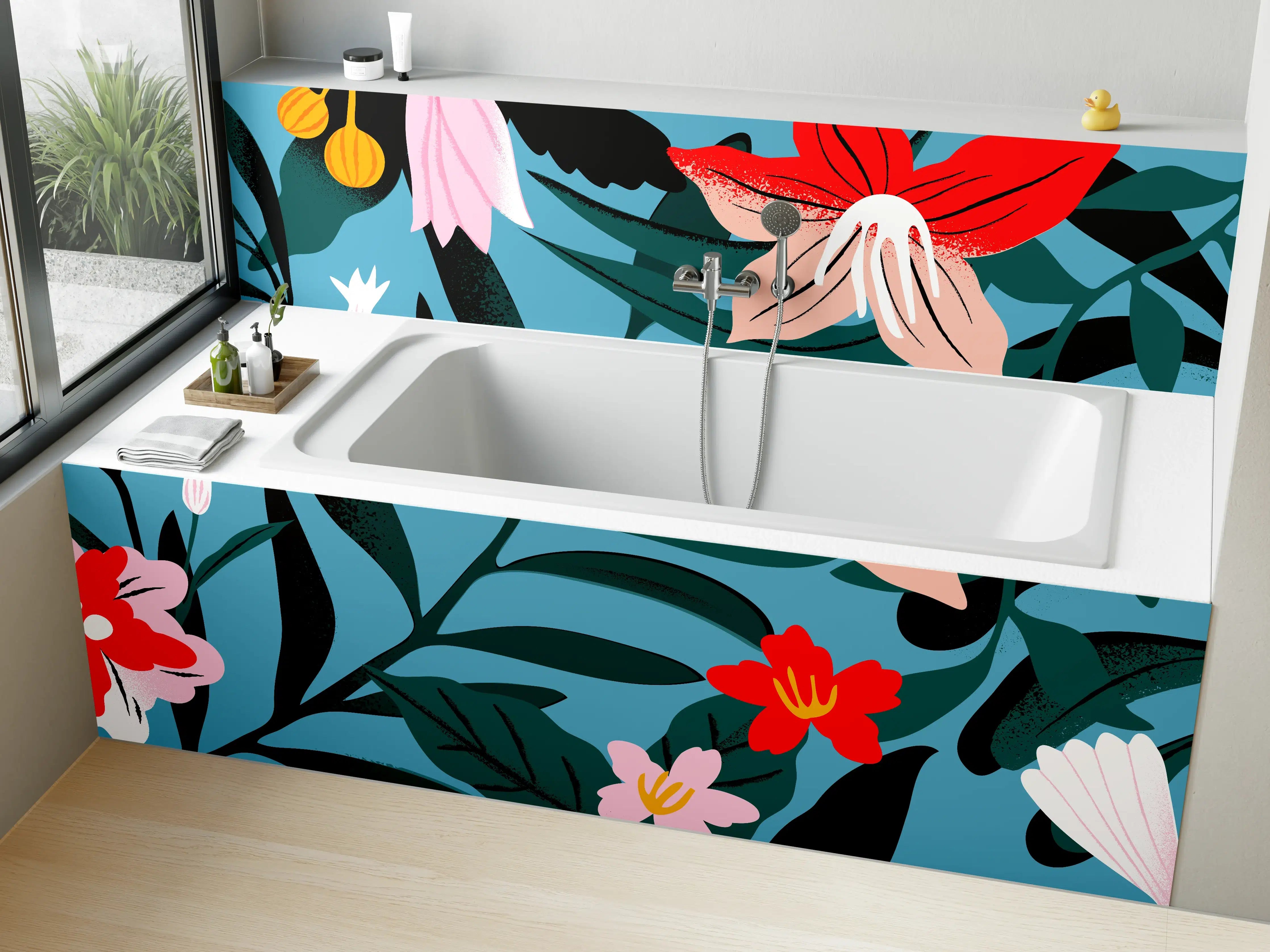 Badewannen-Rückwand - Florales Blau-Rot Muster