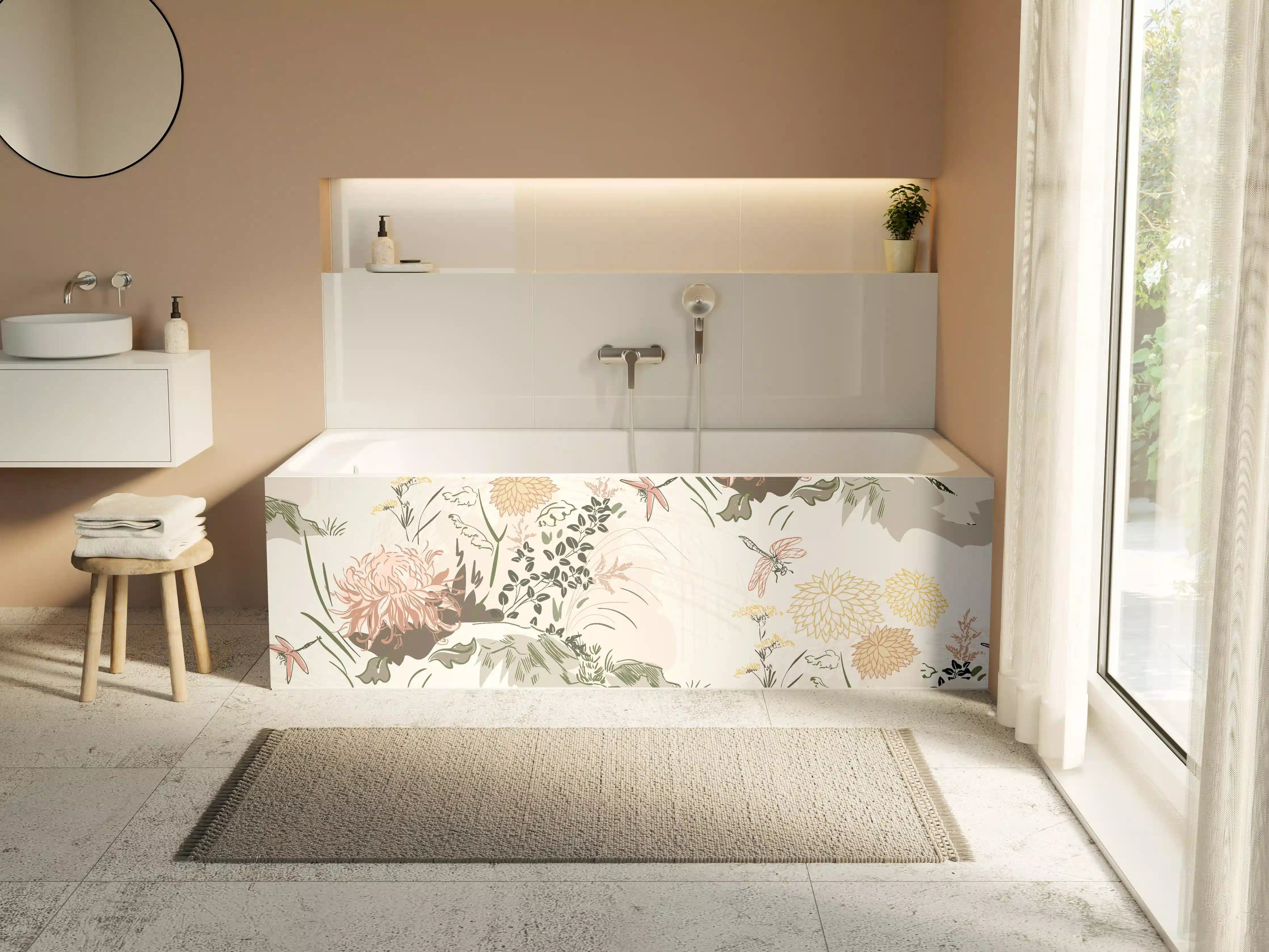 Badewannen-Rückwand - Florales Muster Beige-Grün-Rosa