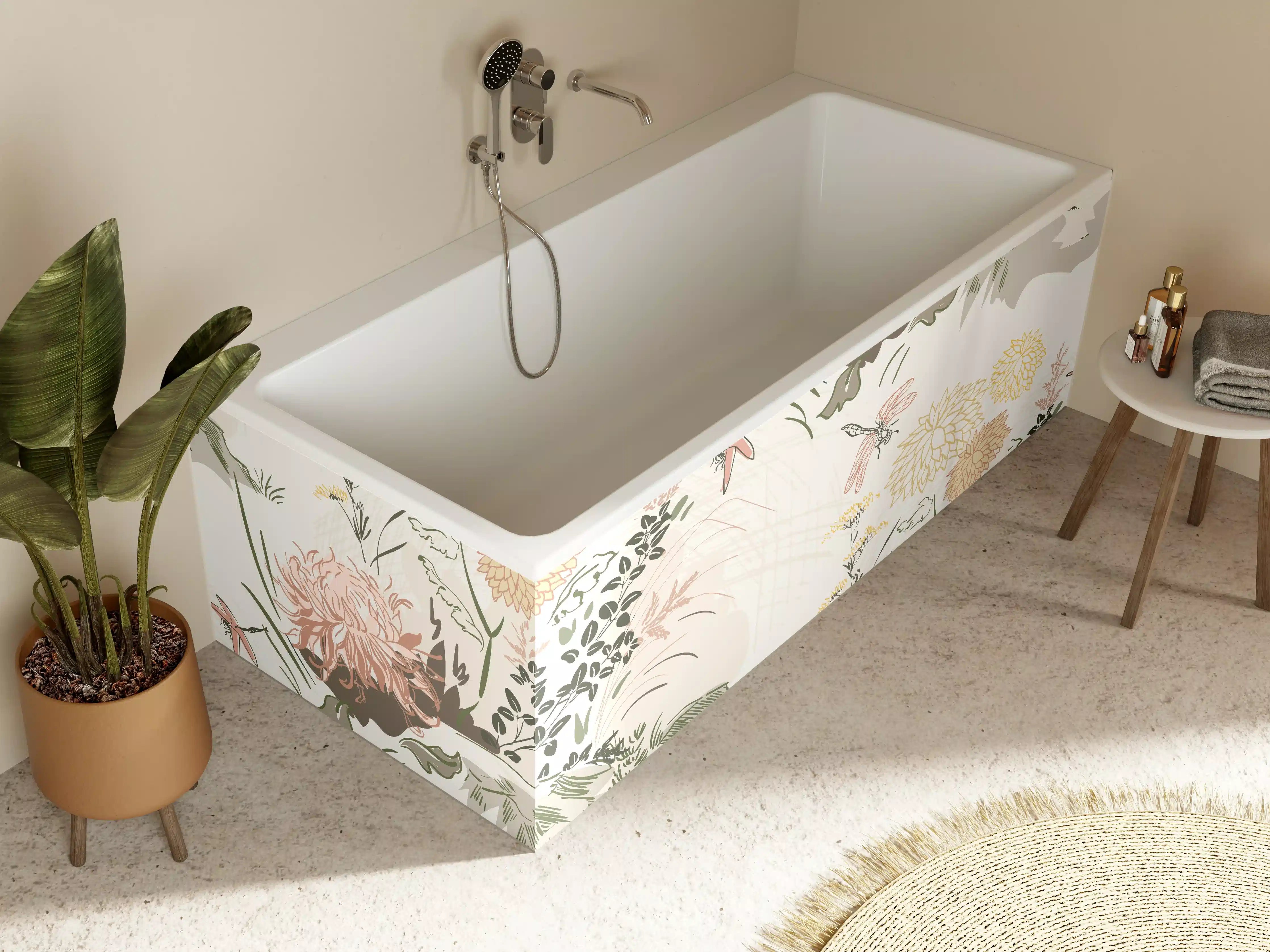 Badewannen-Rückwand - Florales Muster Beige-Grün-Rosa