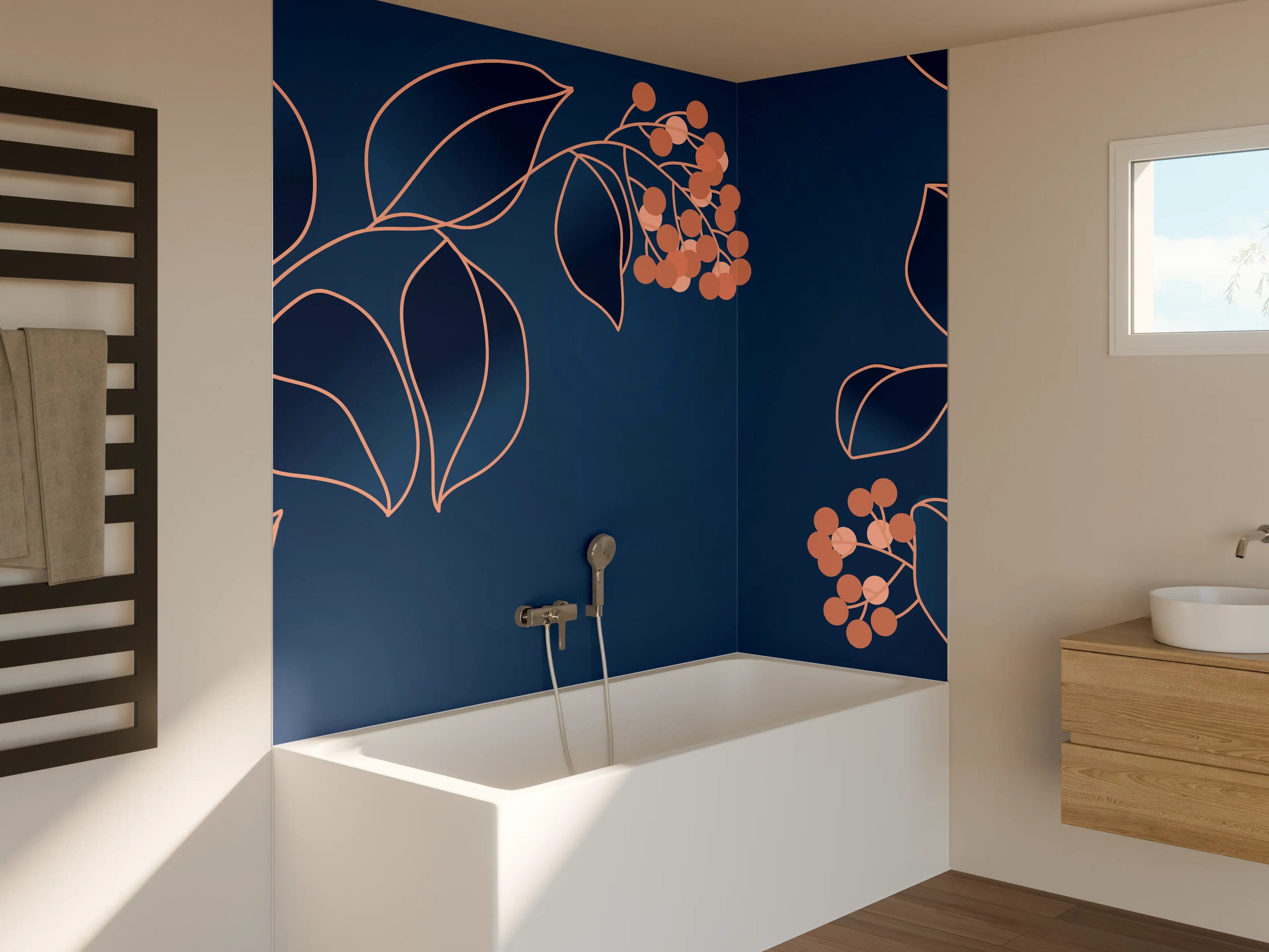 Badewannen-Rückwand - Florales Muster Navy-Orange