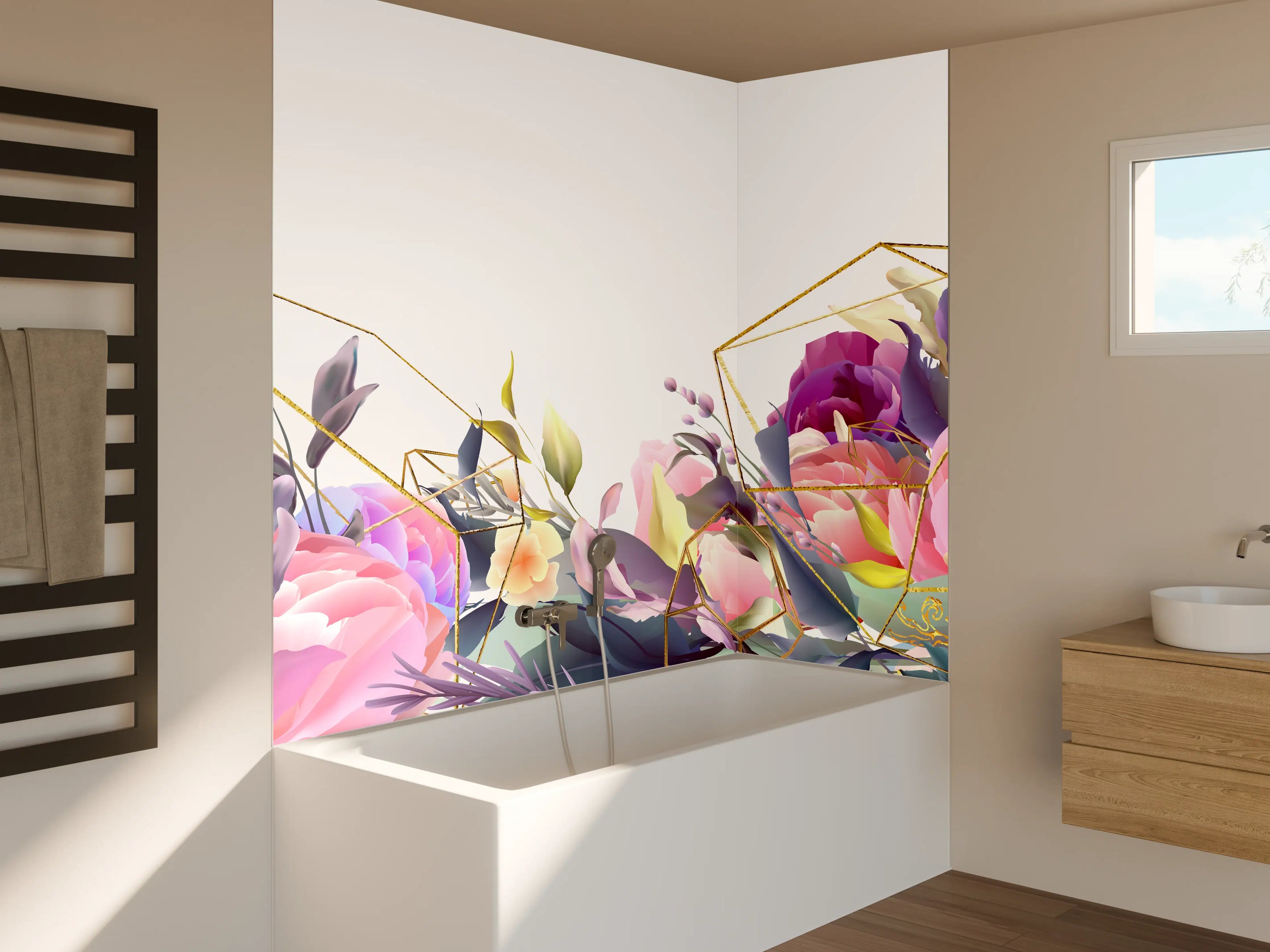 Badewannen-Rückwand - Florales Muster mit Goldakzenten
