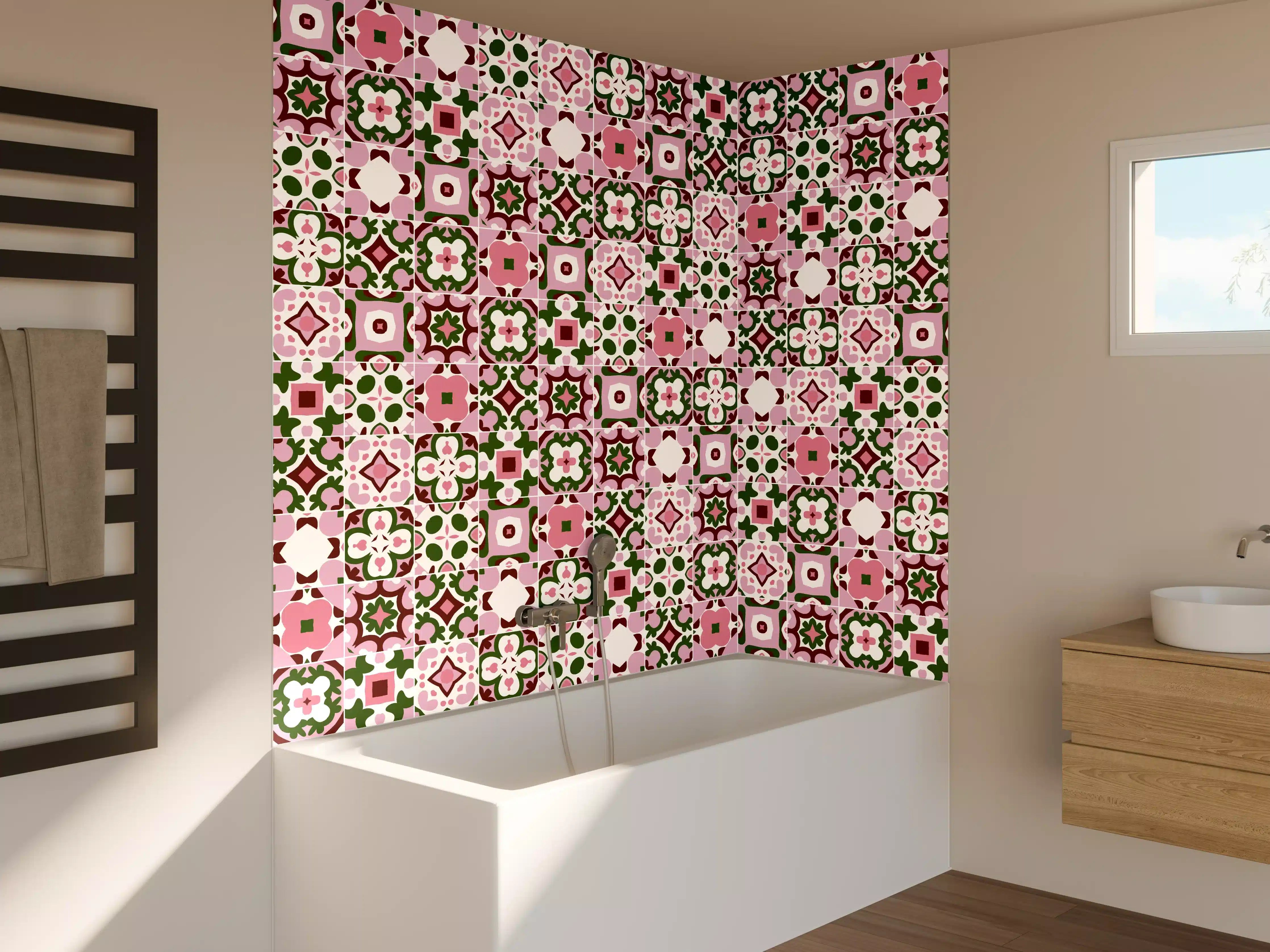 Badewannen-Rückwand - Florales Muster mit Pink, Grün und Weiß