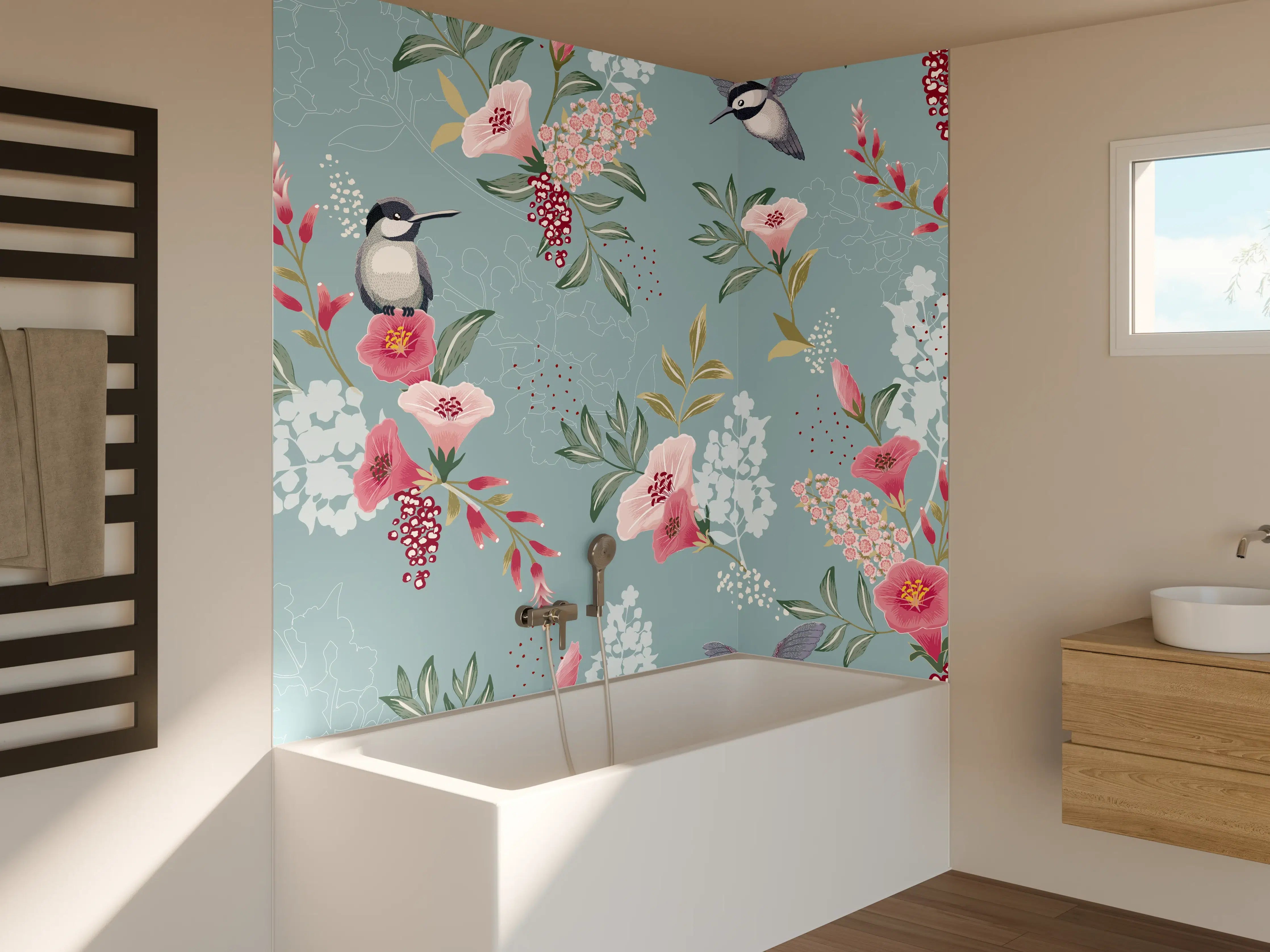 Badewannen-Rückwand - Florales Muster mit Vögeln Pastell