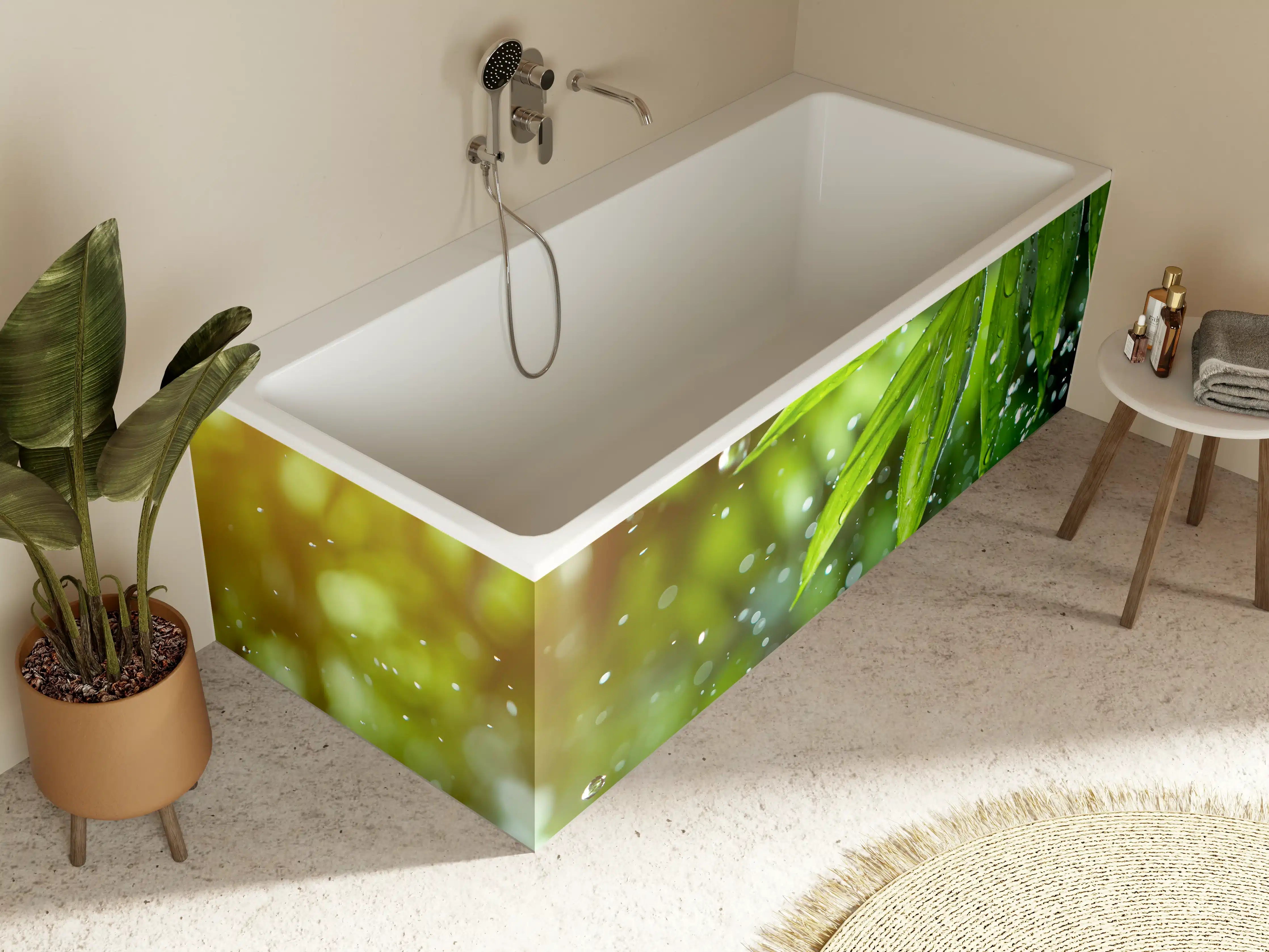 Badewannen-Rückwand - Frische Blätter mit Wassertropfen