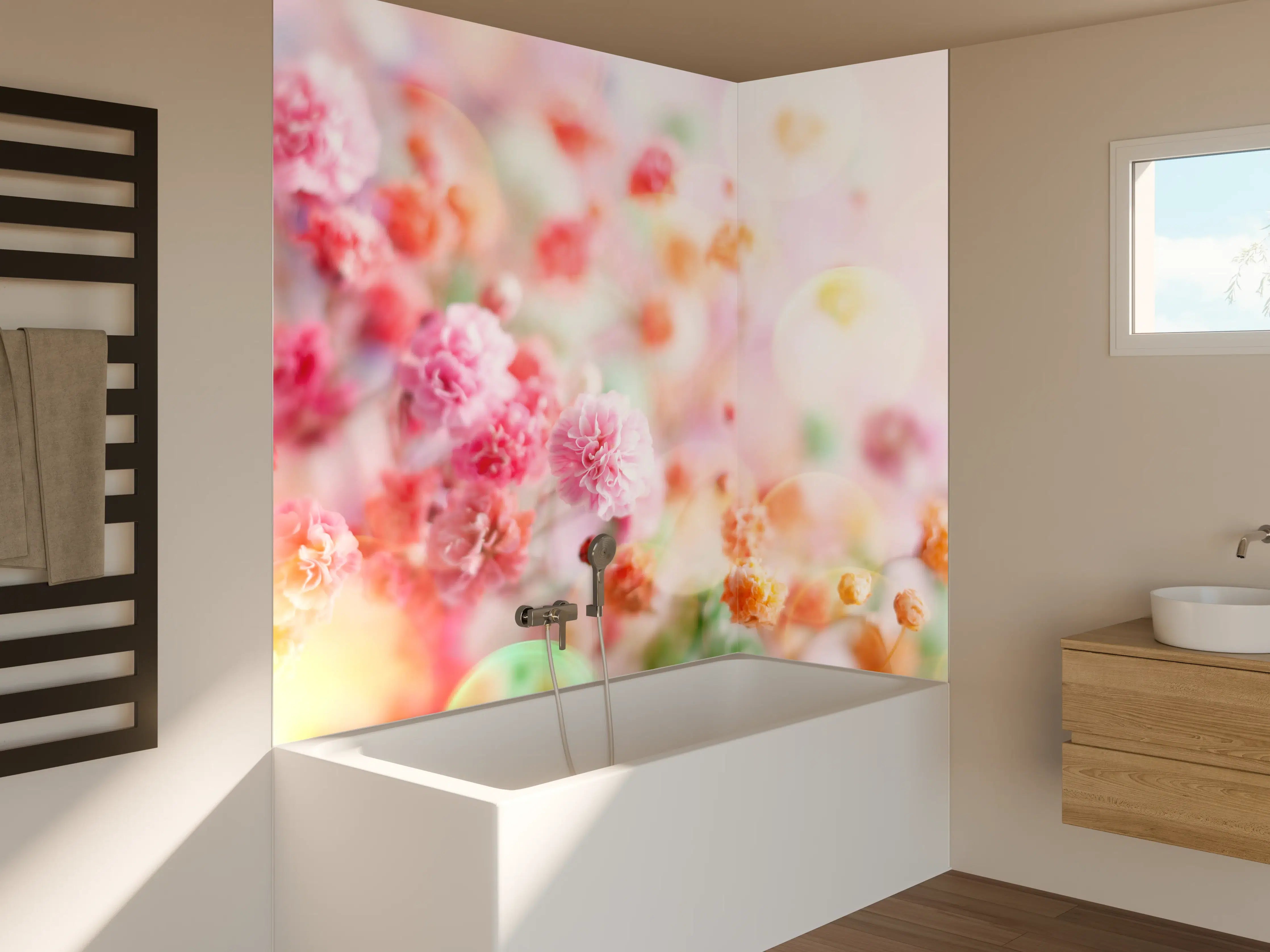 Badewannen-Rückwand - Frische rosa Frühlingsblumen