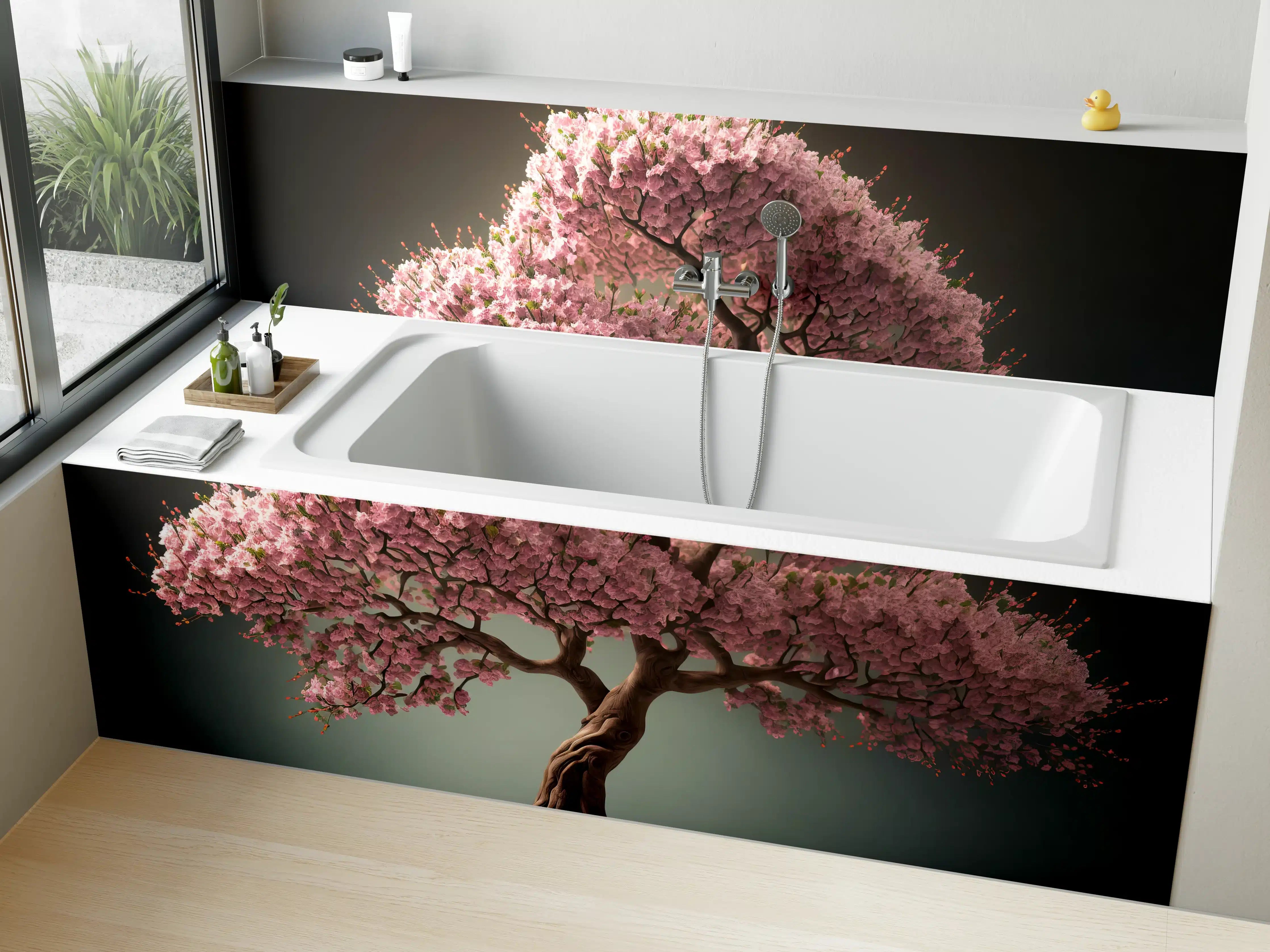 Badewannen-Rückwand - Frühlingszeit Kirschblüte Sakura Baum - KI generiert
