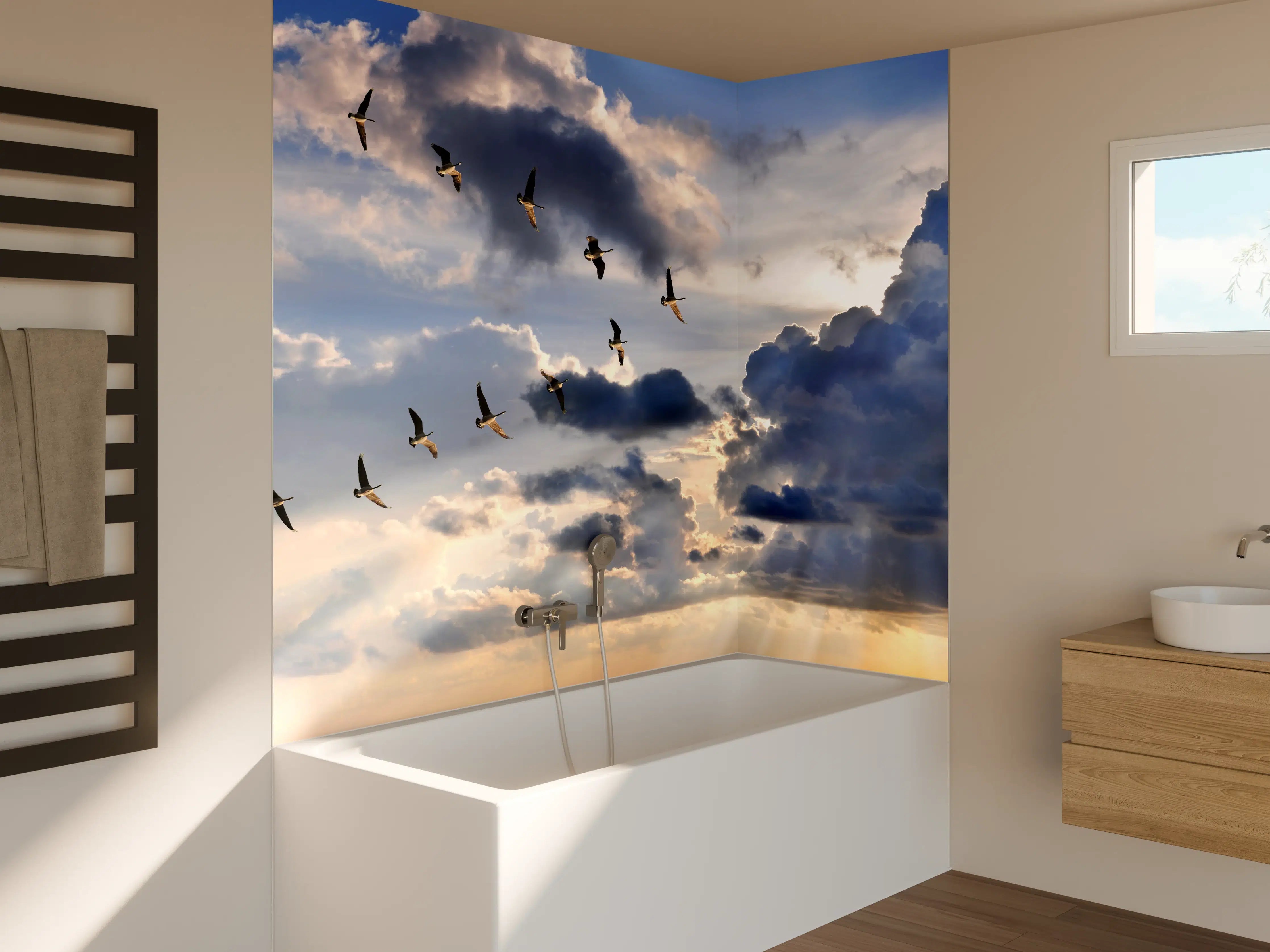 Badewannen-Rückwand - Gänse in V-Formation fliegend