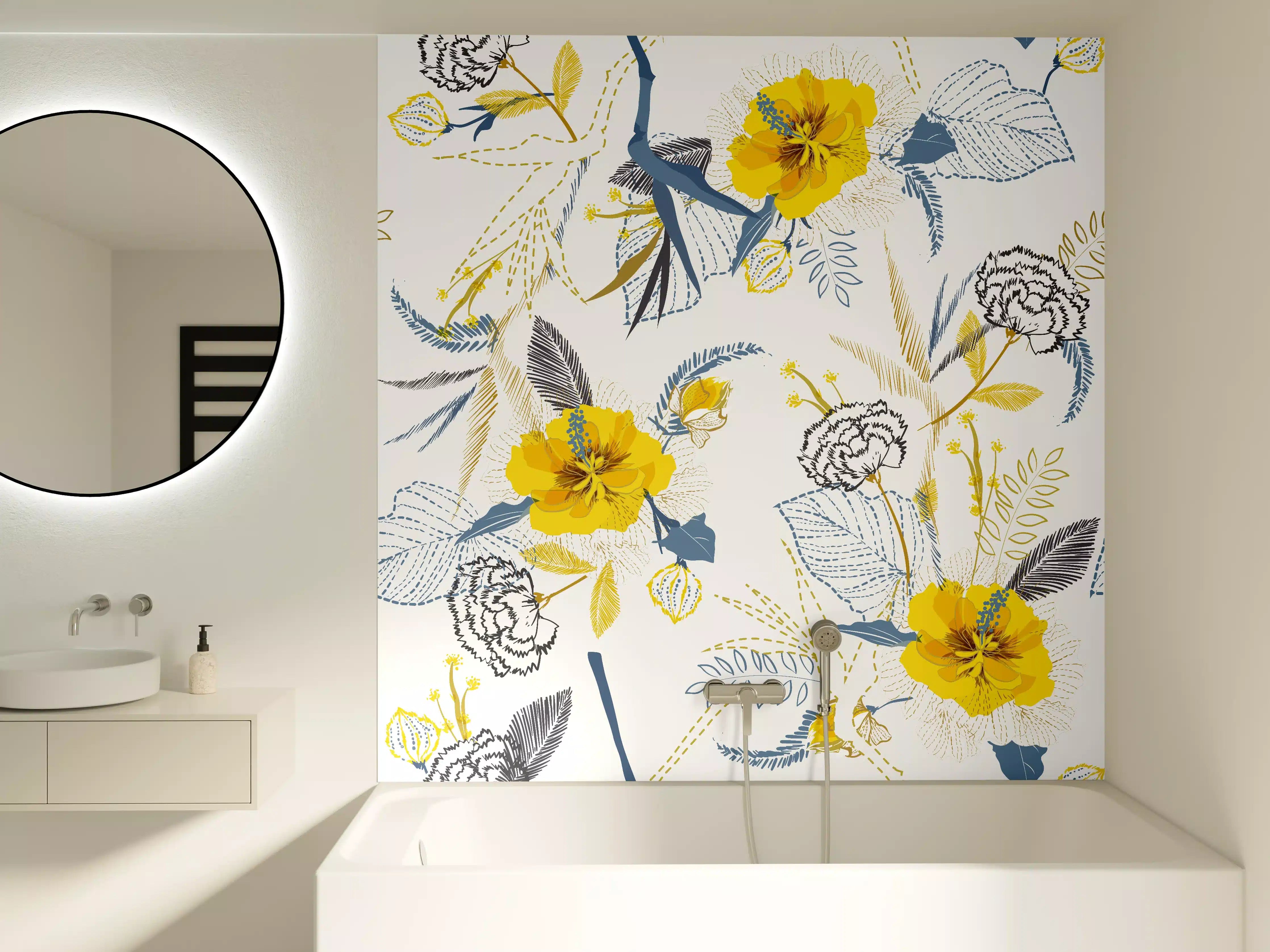 Badewannen-Rückwand - Gelb-Weißes Blumenmuster
