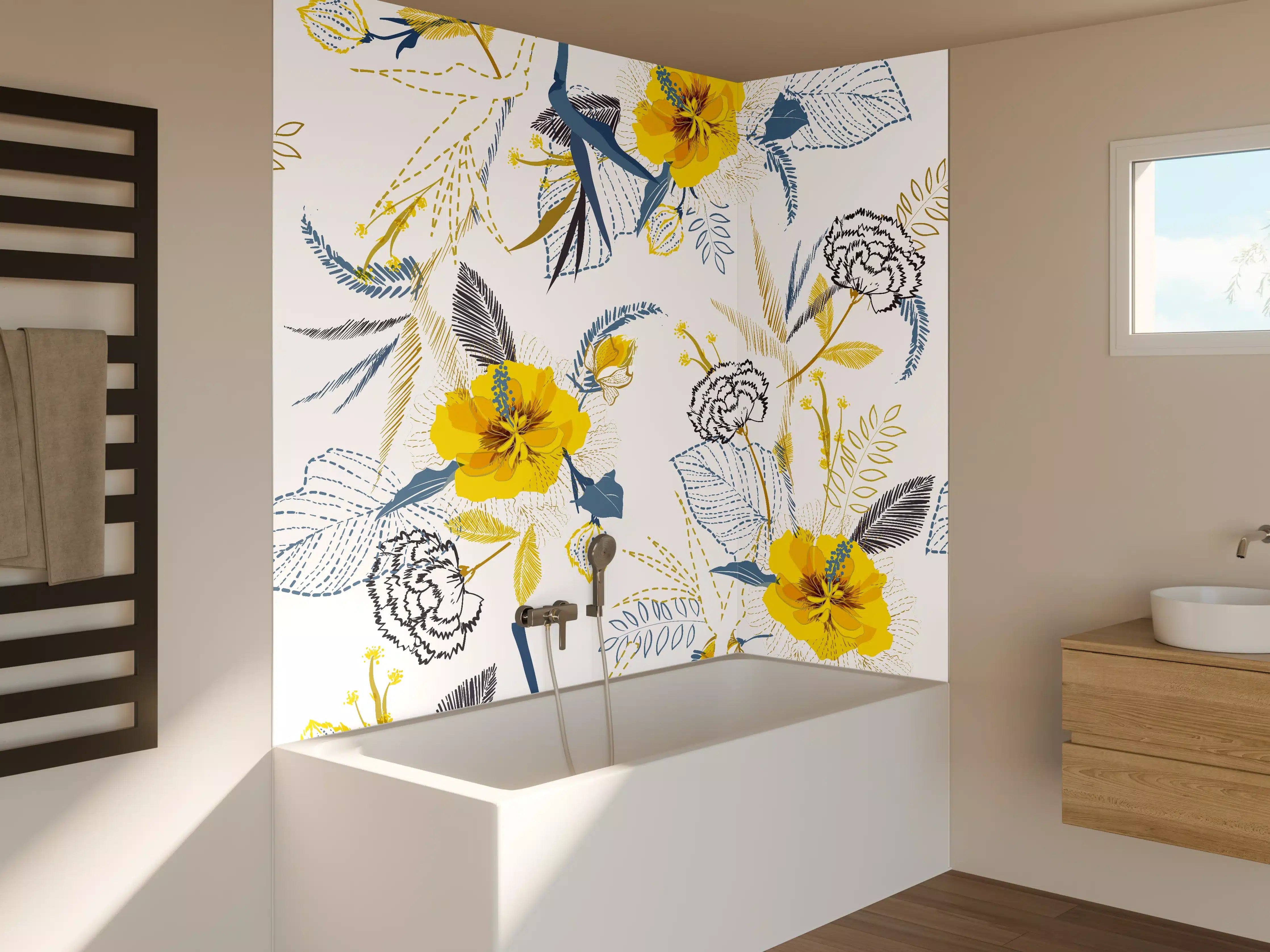Badewannen-Rückwand - Gelb-Weißes Blumenmuster