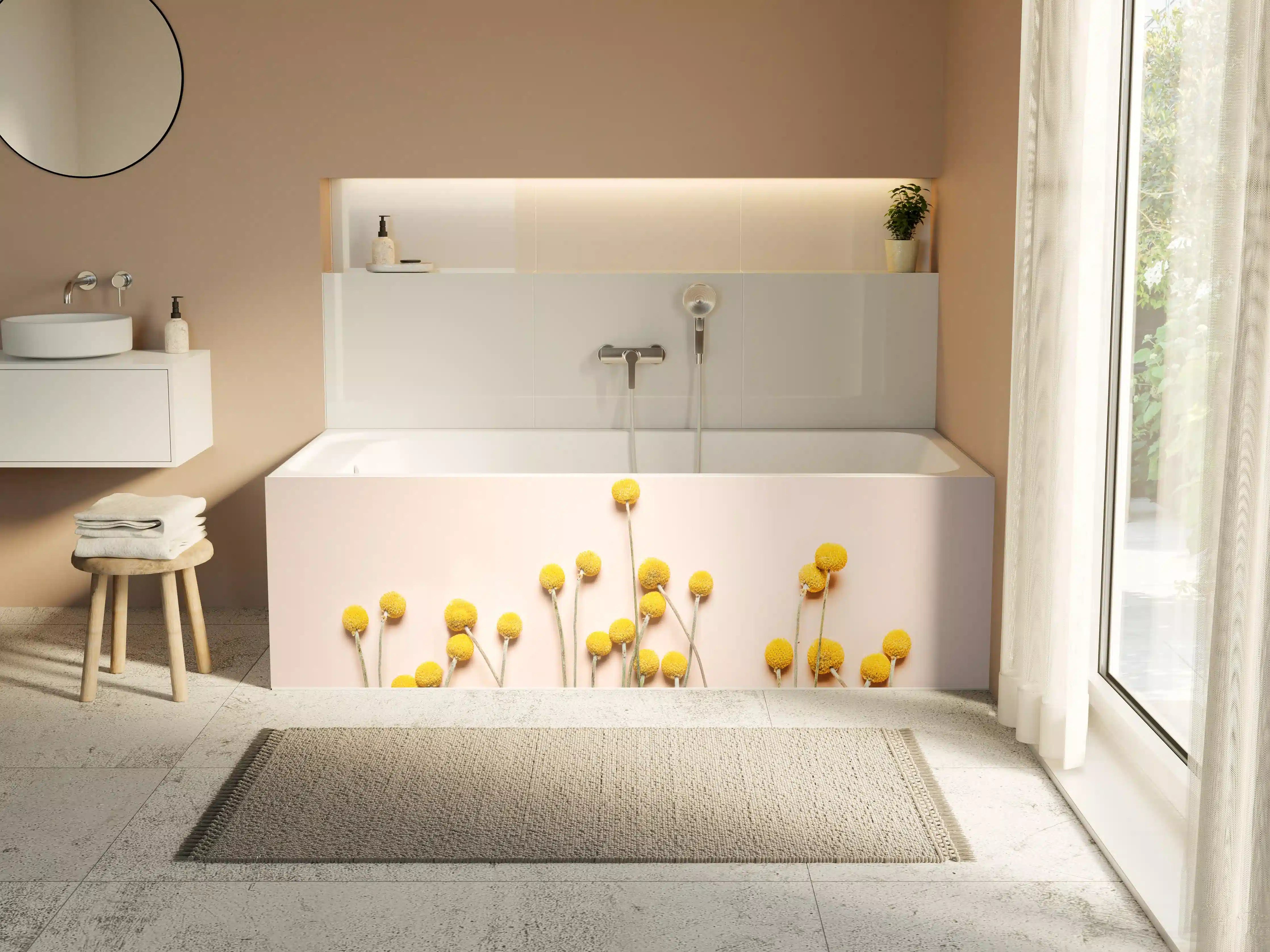 Badewannen-Rückwand - Gelbe Ballons und Blüten auf hellem Hintergrund
