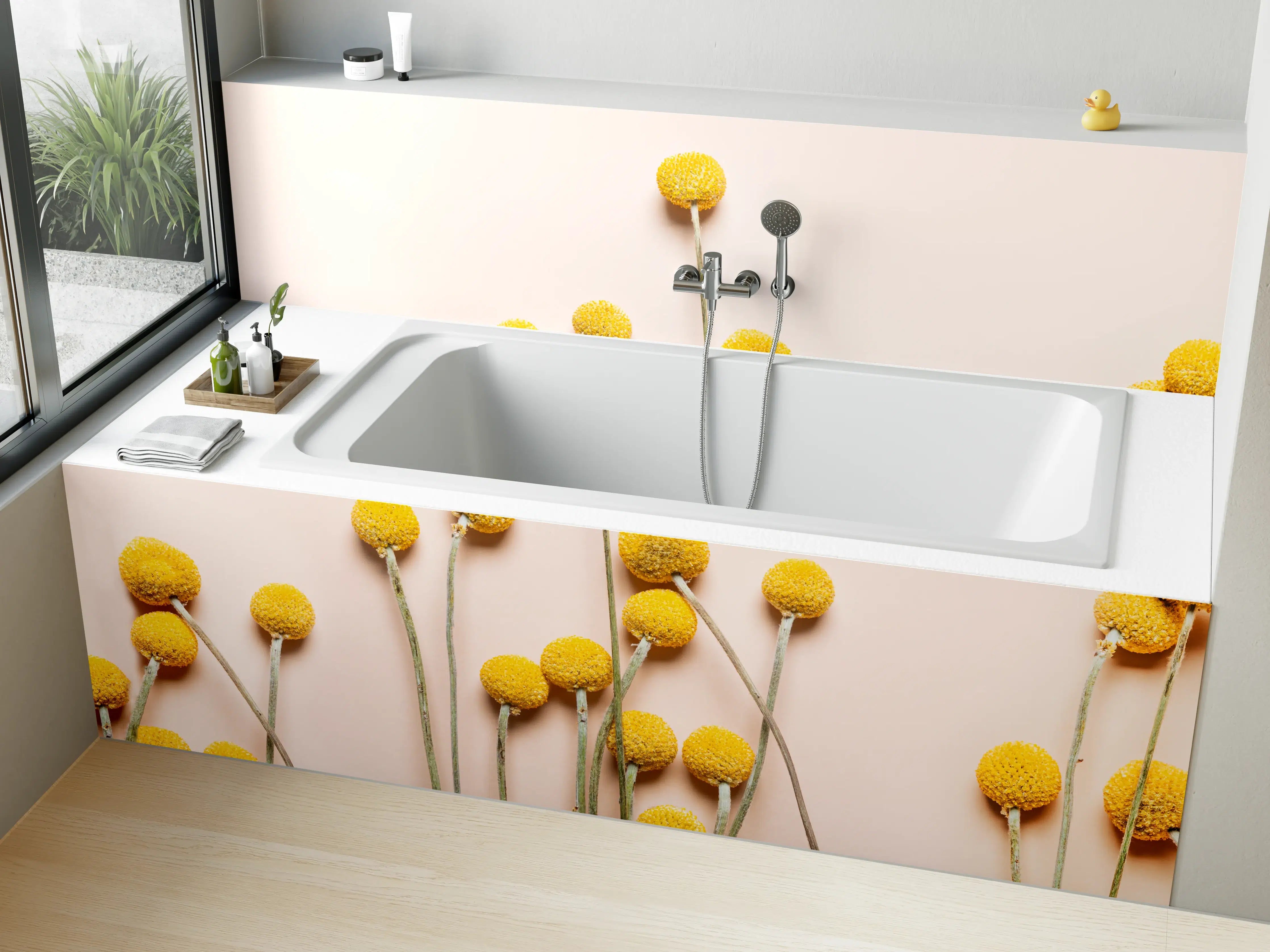 Badewannen-Rückwand - Gelbe Ballons und Blüten auf hellem Hintergrund