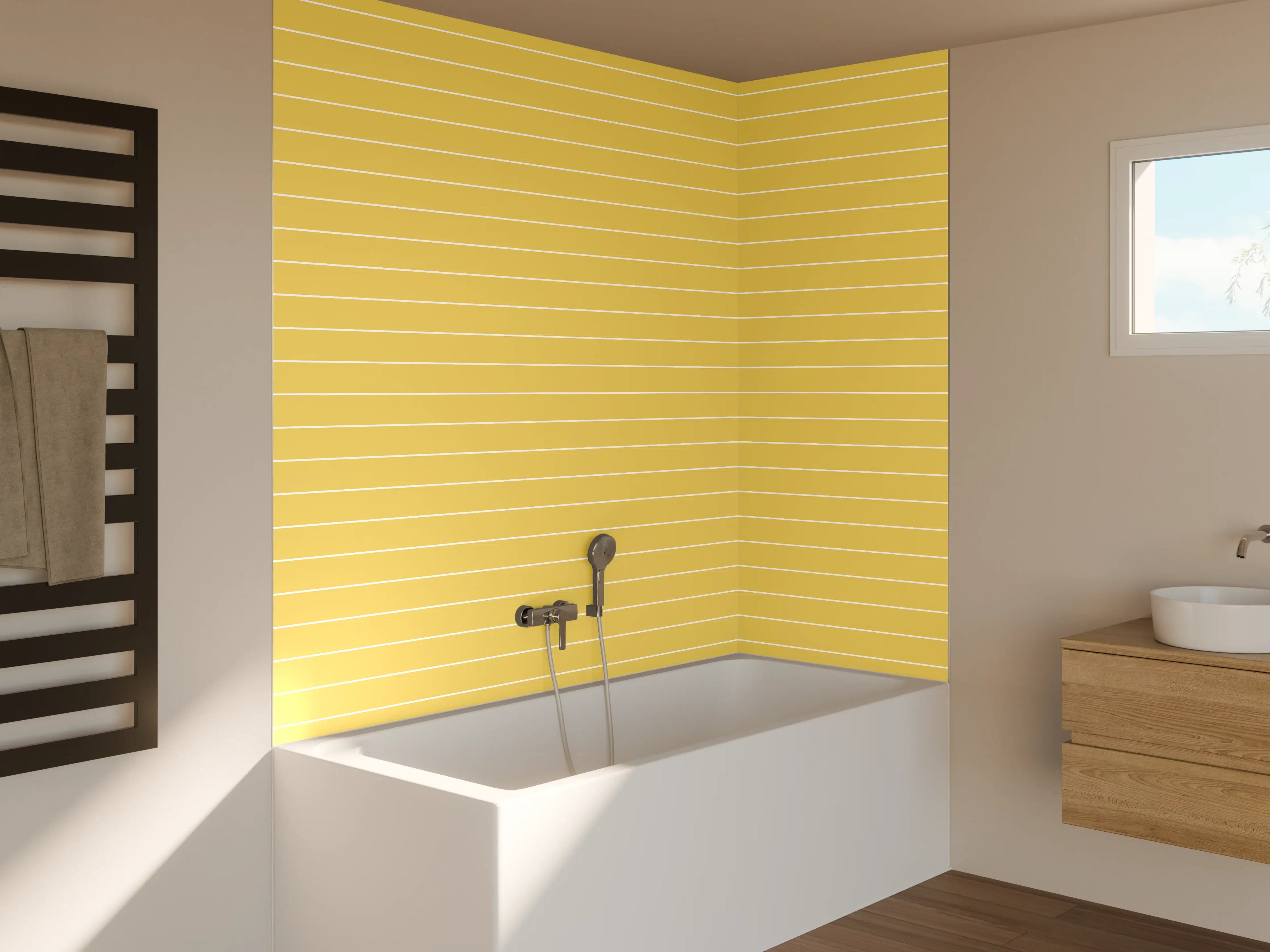 Badewannen-Rückwand - Gelbe Streifen auf beigem Hintergrund