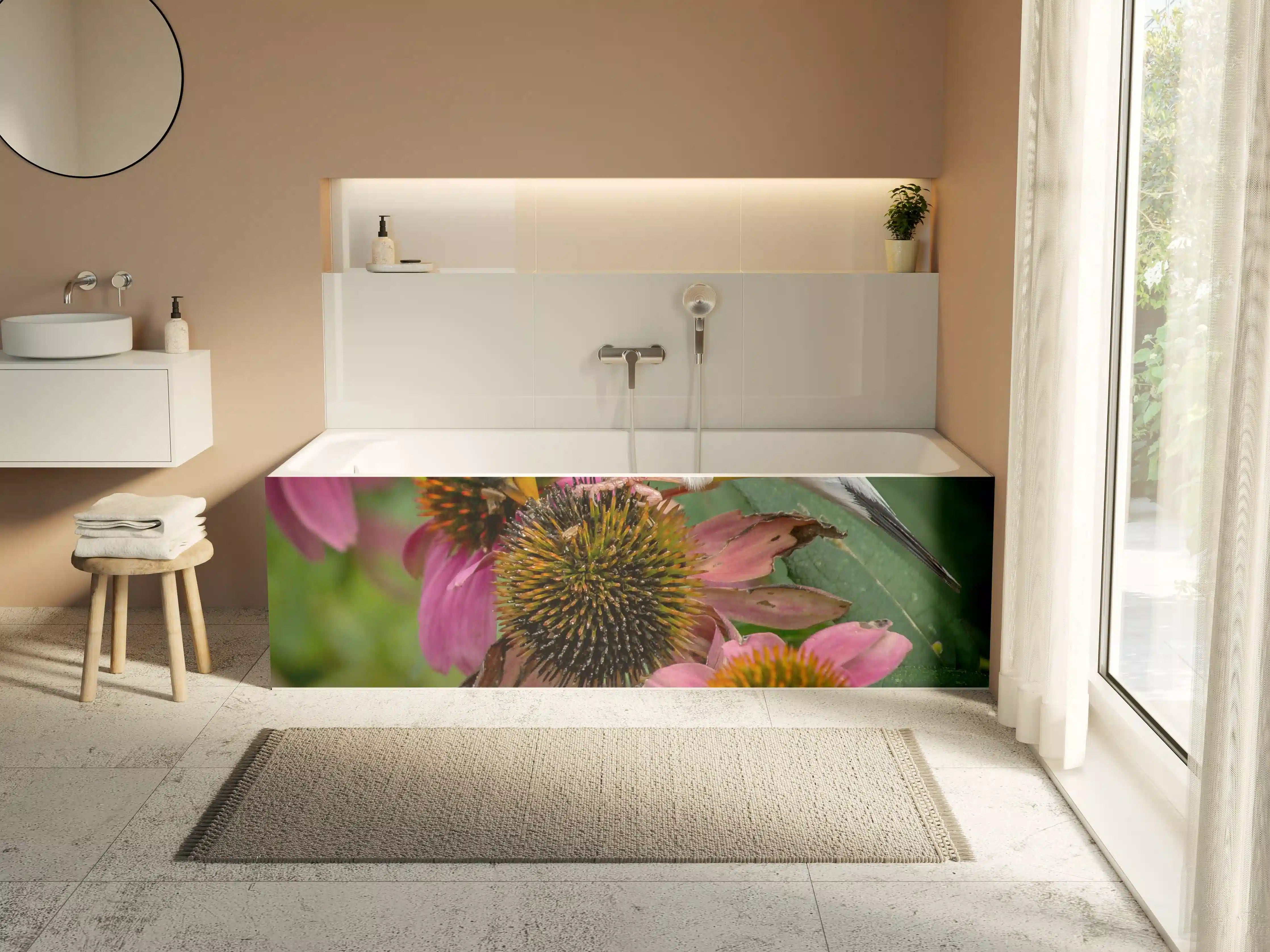 Badewannen-Rückwand - Gelber Vogel auf Pinken Blumen
