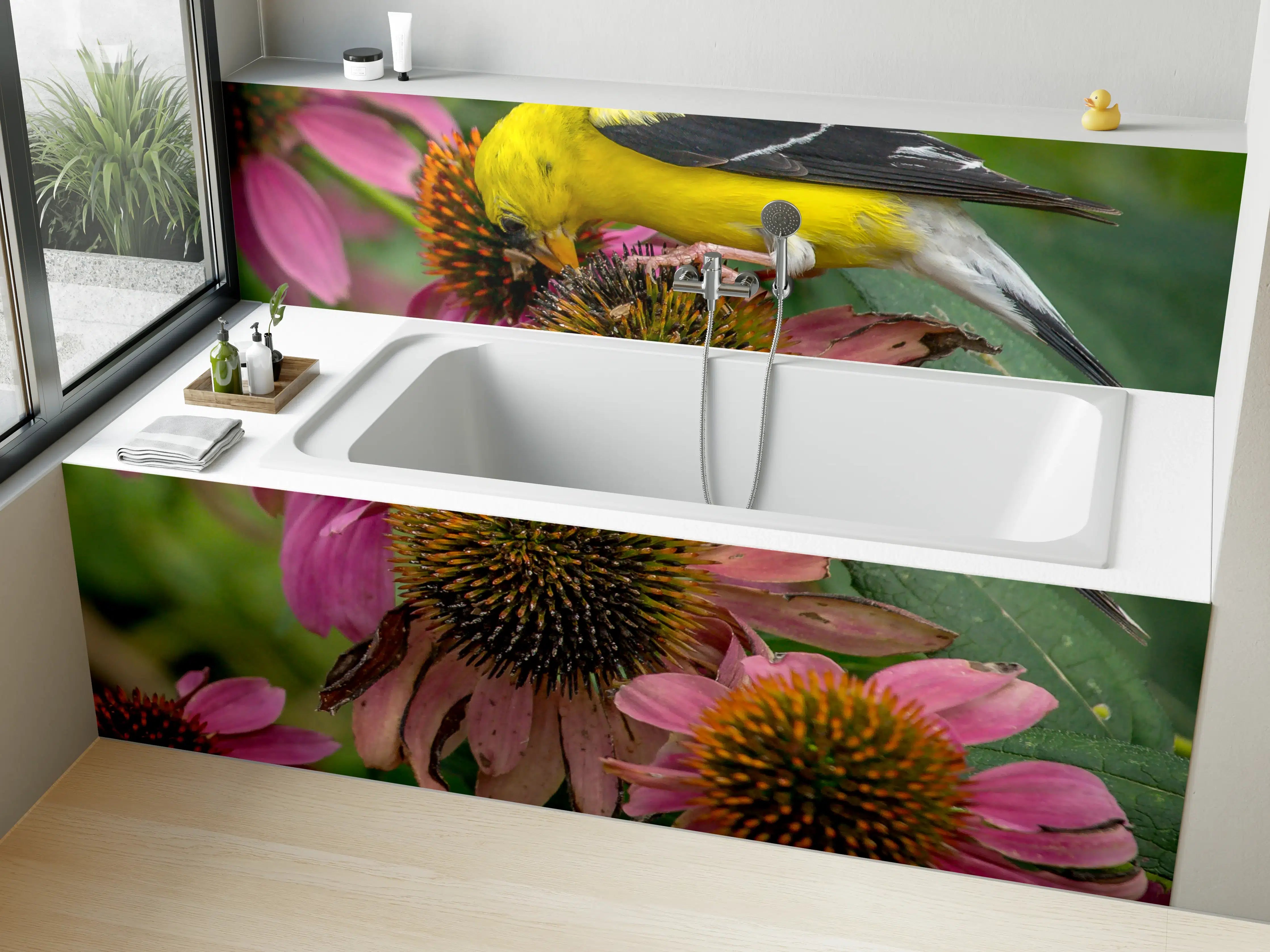 Badewannen-Rückwand - Gelber Vogel auf Pinken Blumen