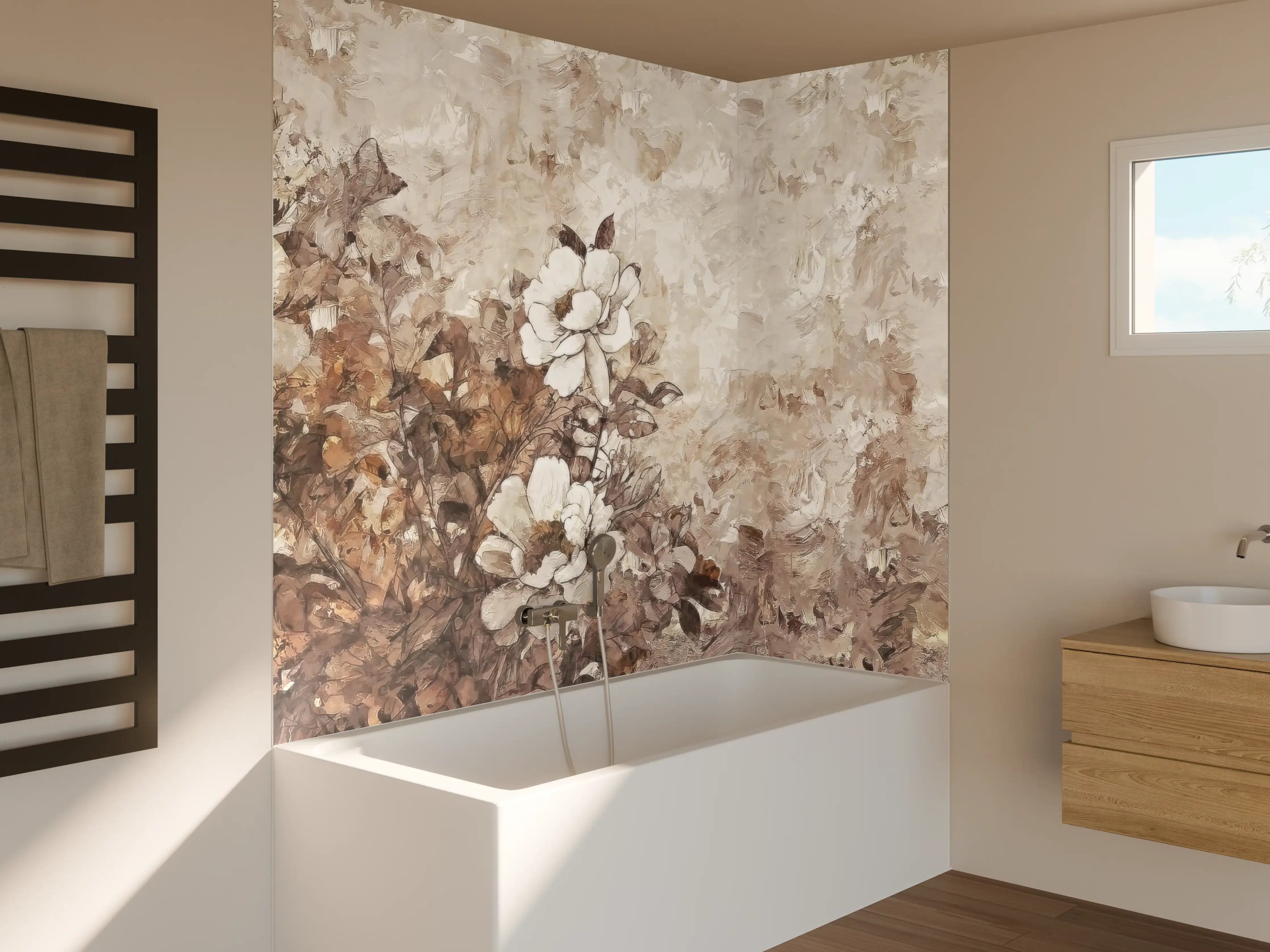 Badewannen-Rückwand - Gemälde . weiße Blüten